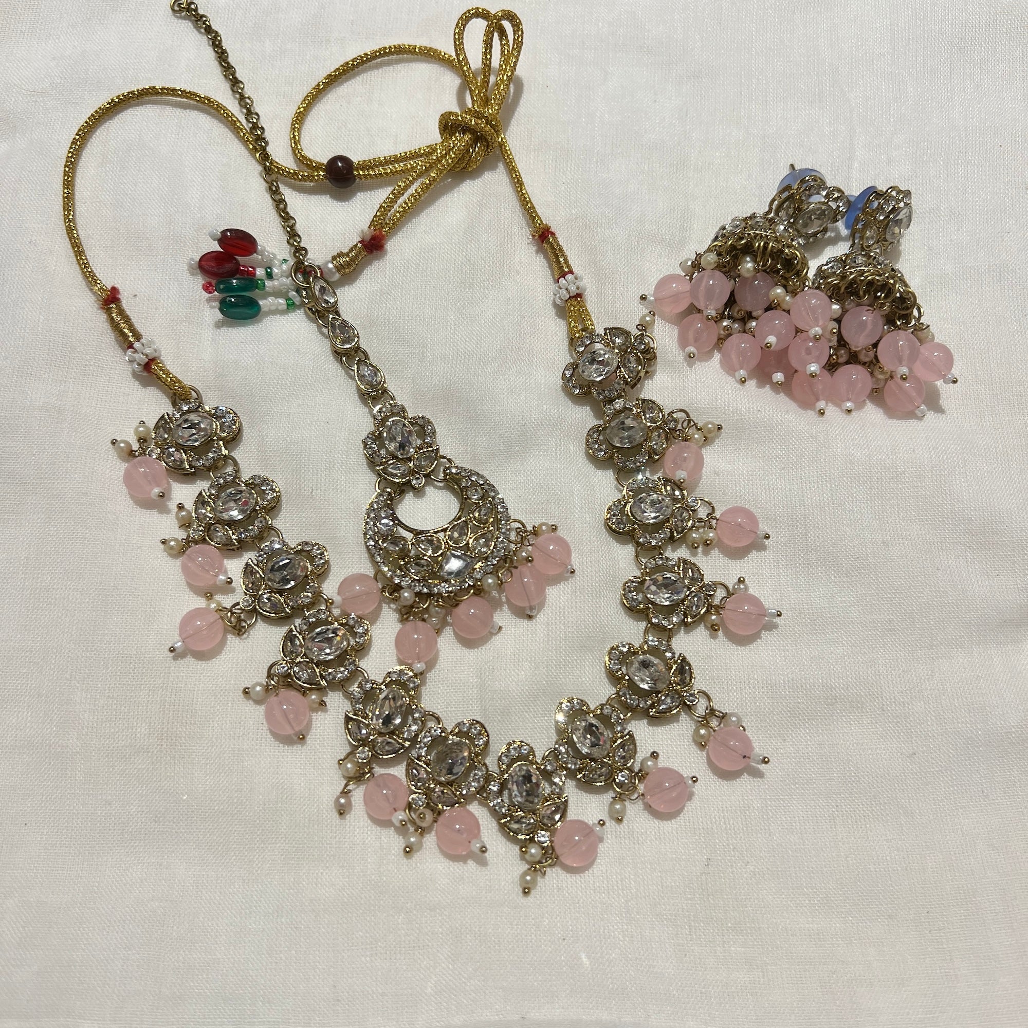 White Stone Jhumka Necklace Set-12 Colors - Vintage India NYC