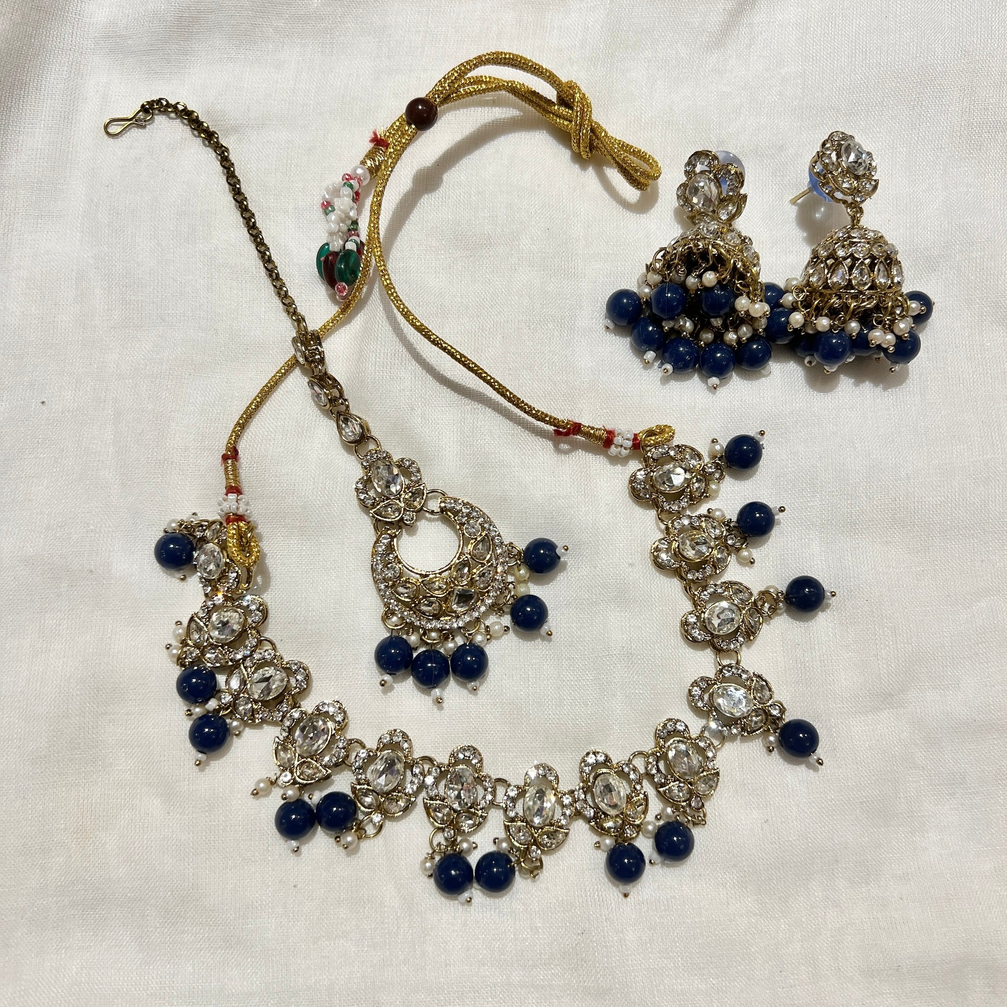 White Stone Jhumka Necklace Set-12 Colors - Vintage India NYC