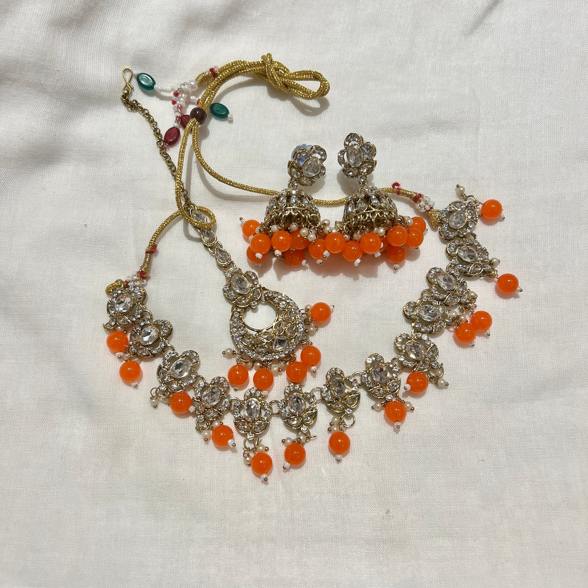 White Stone Jhumka Necklace Set-12 Colors - Vintage India NYC