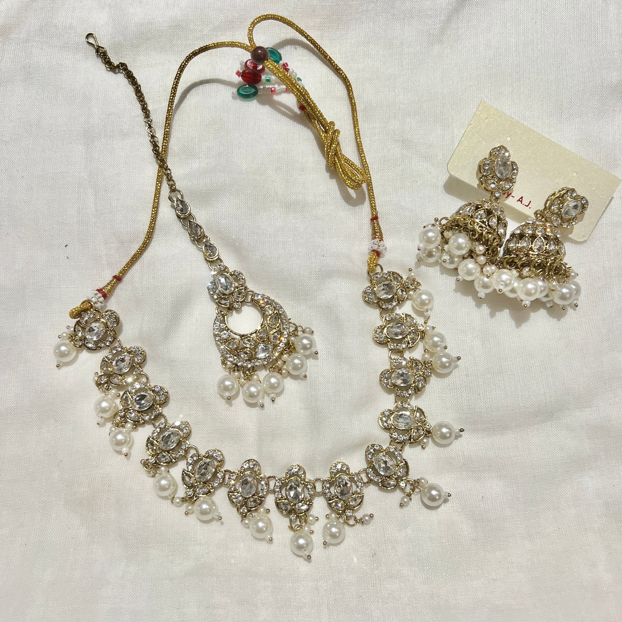 White Stone Jhumka Necklace Set-12 Colors - Vintage India NYC