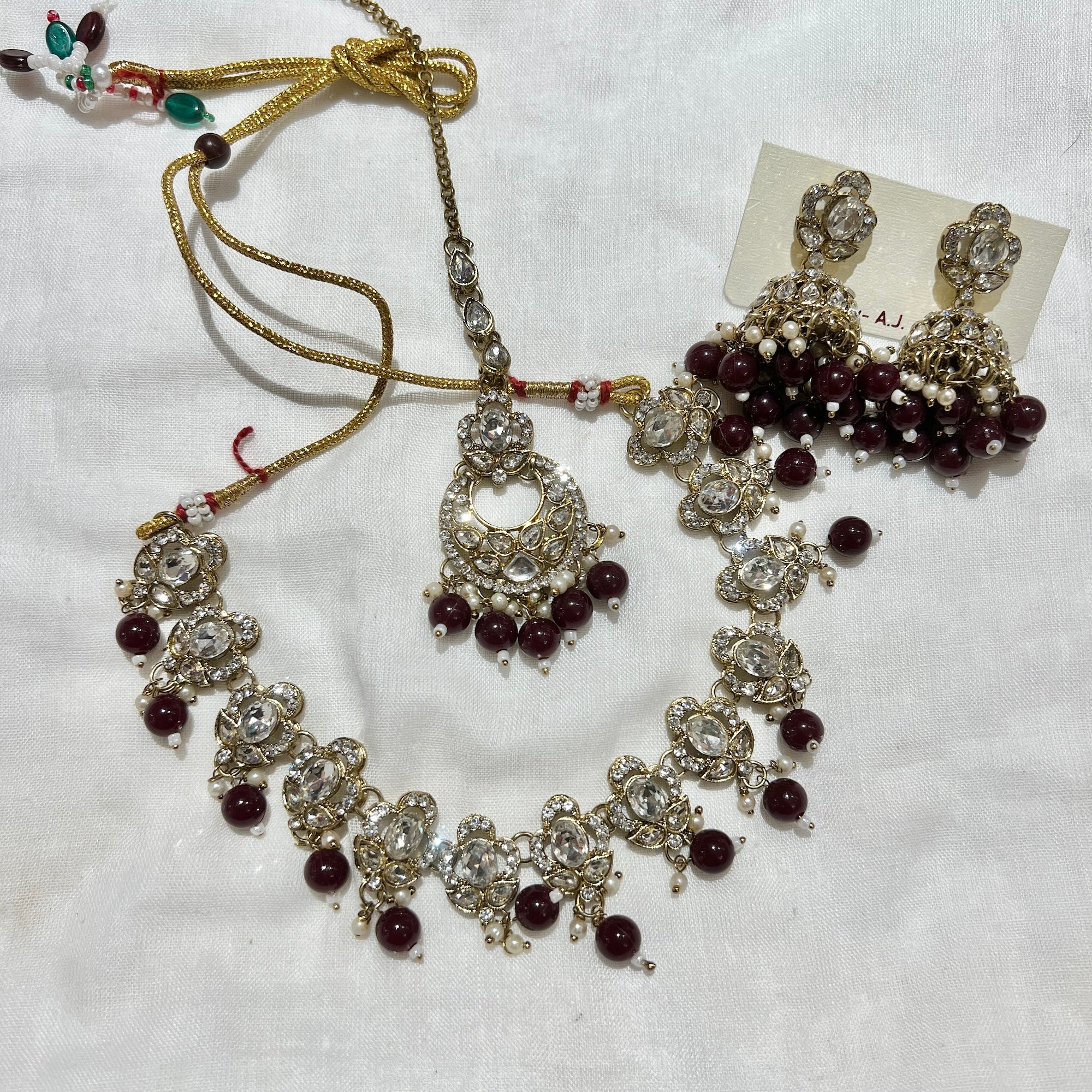 White Stone Jhumka Necklace Set-12 Colors - Vintage India NYC