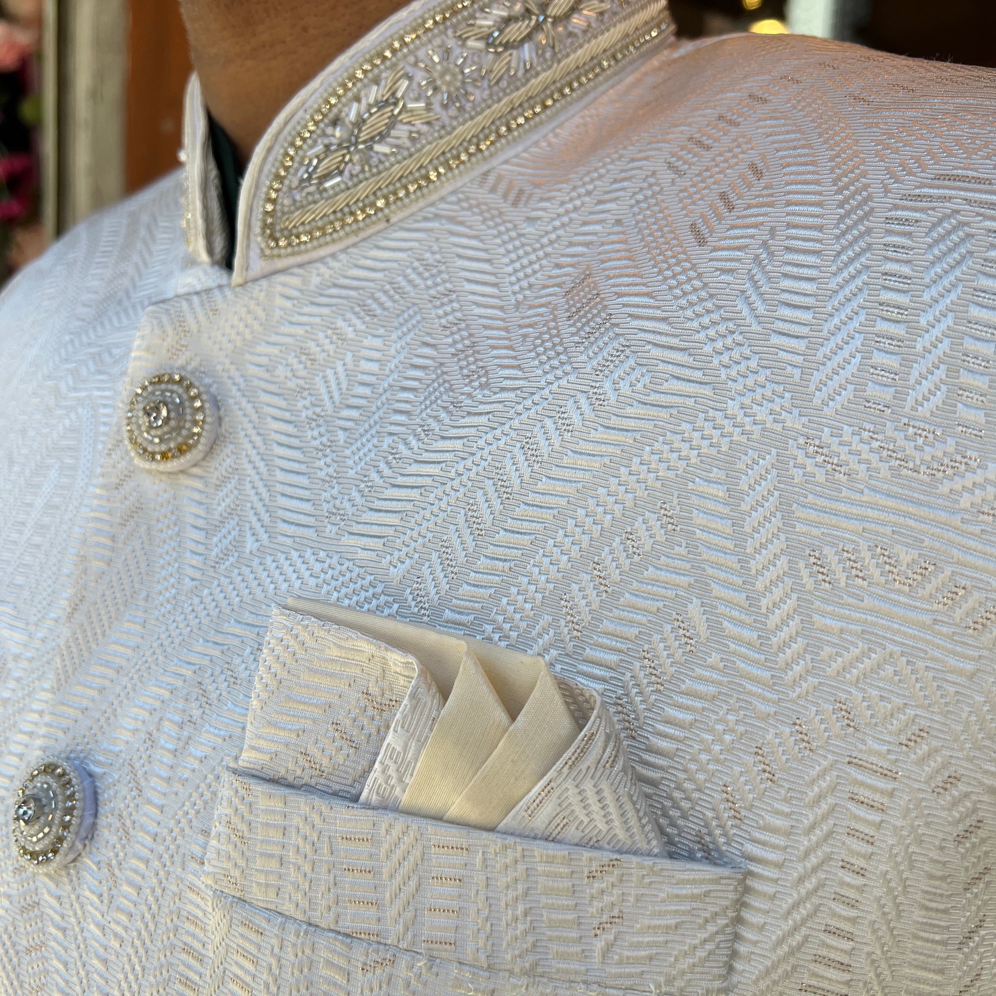 Ivory Textured Sherwani w/ Neckwork