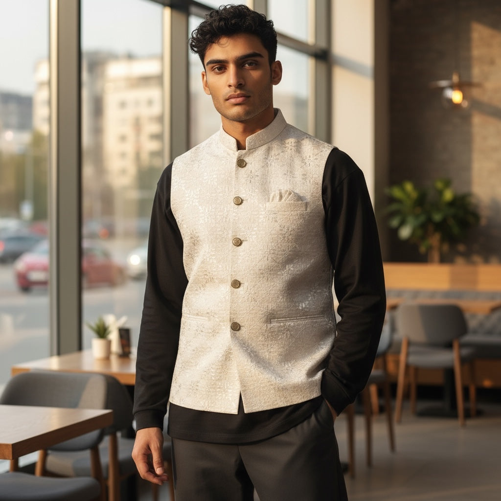 Ivory Embroidered Tile Vest