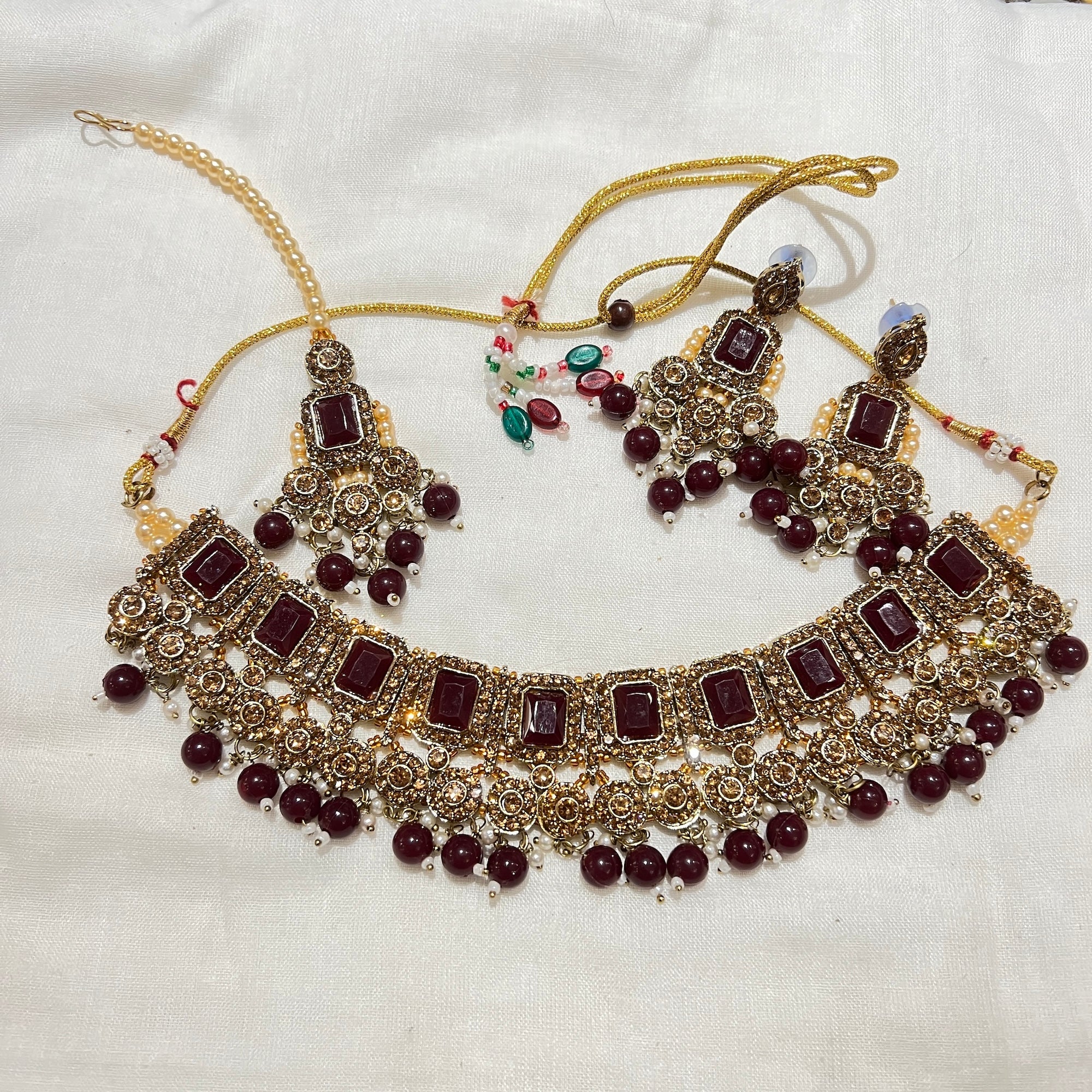 Oblong Gold Stone Necklace Set-11 Colors - Vintage India NYC