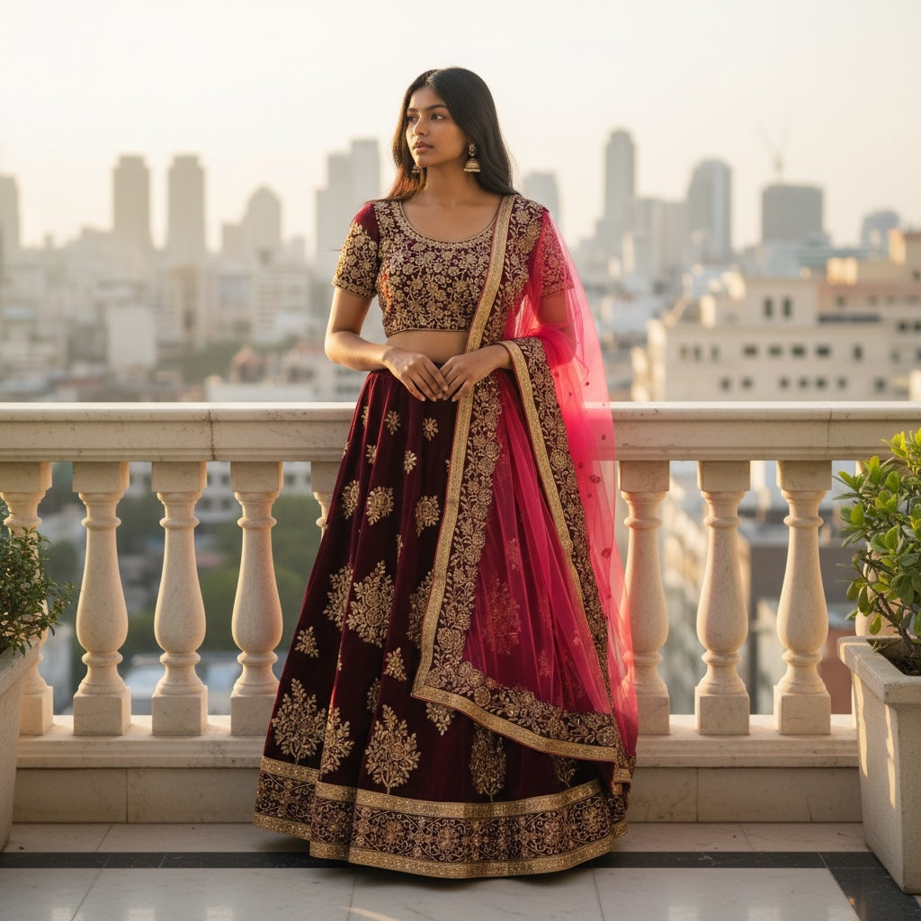 Wine Velvet Lehenga Set