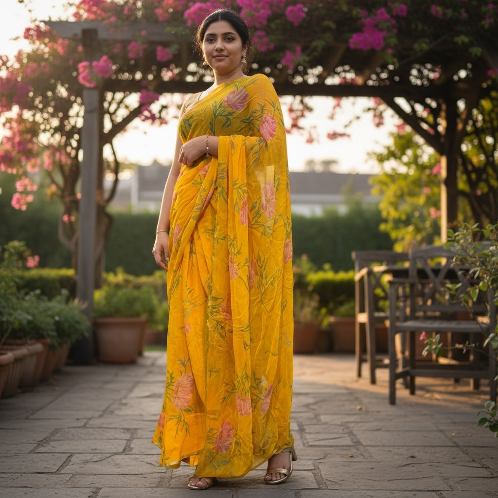 Yellow Chiffon Silk Saree - Vintage India NYC