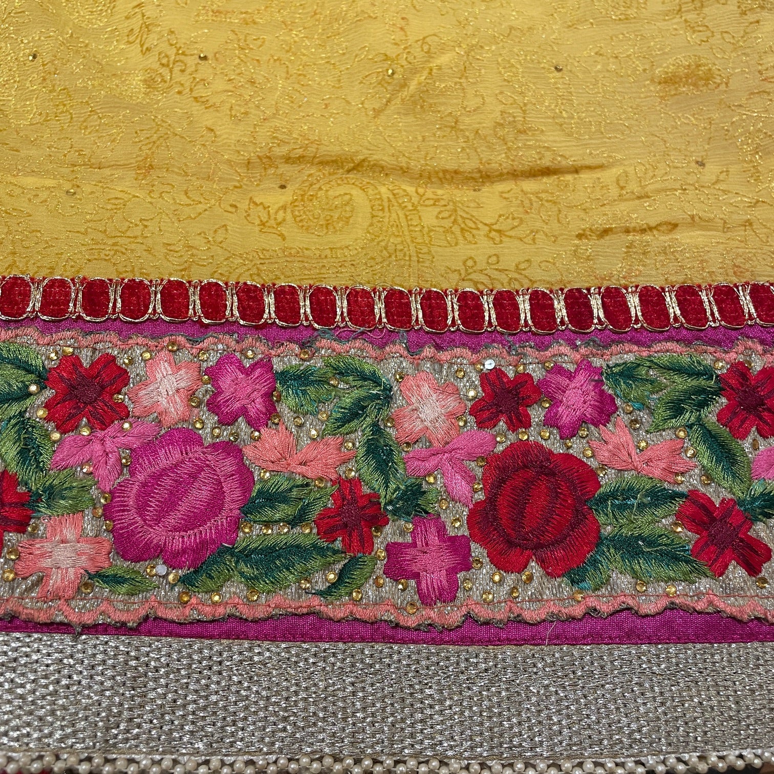 Yellow Chiffon Silk Embroidered Saree - Vintage India NYC