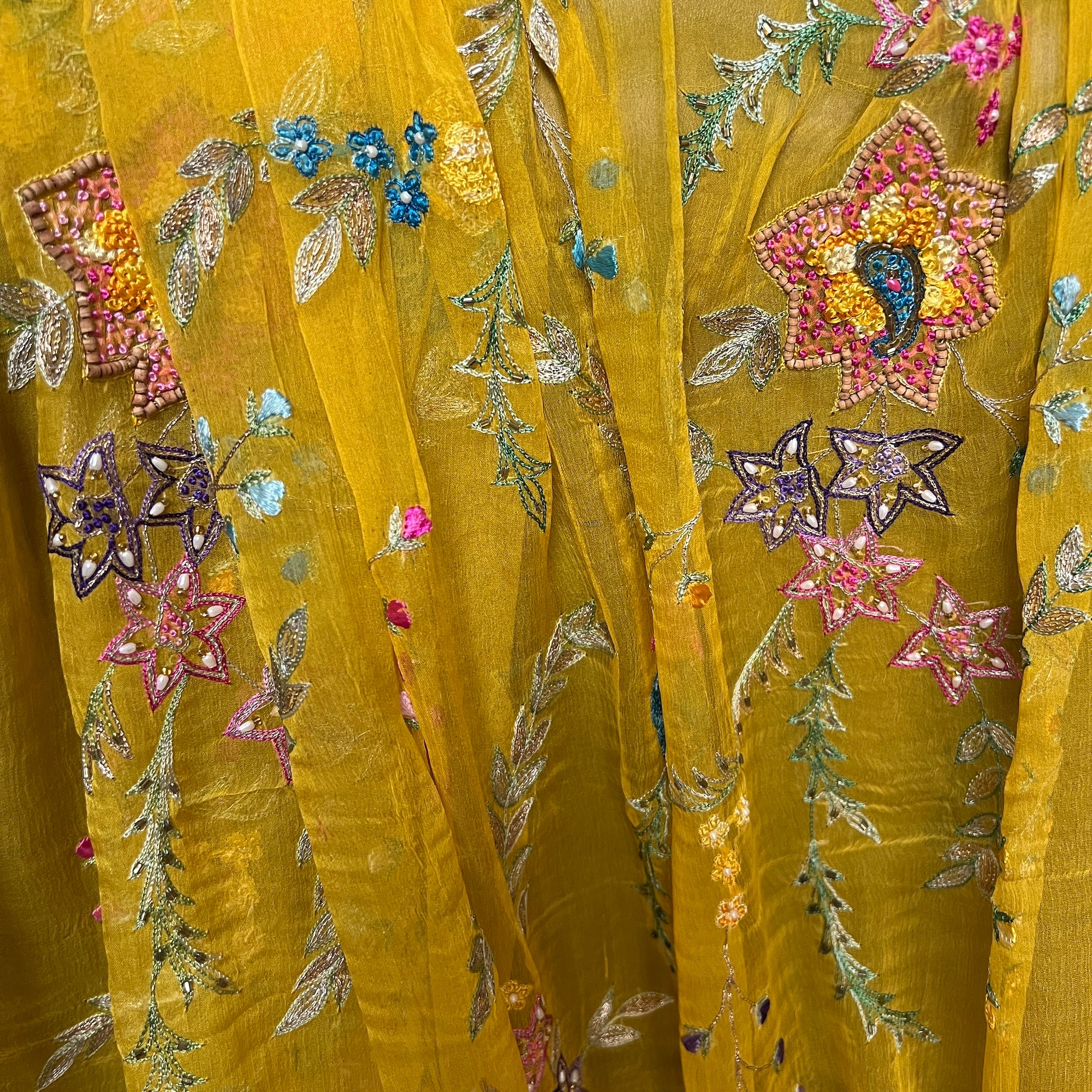 Yellow Floral Embroidered Dupatta - Vintage India NYC