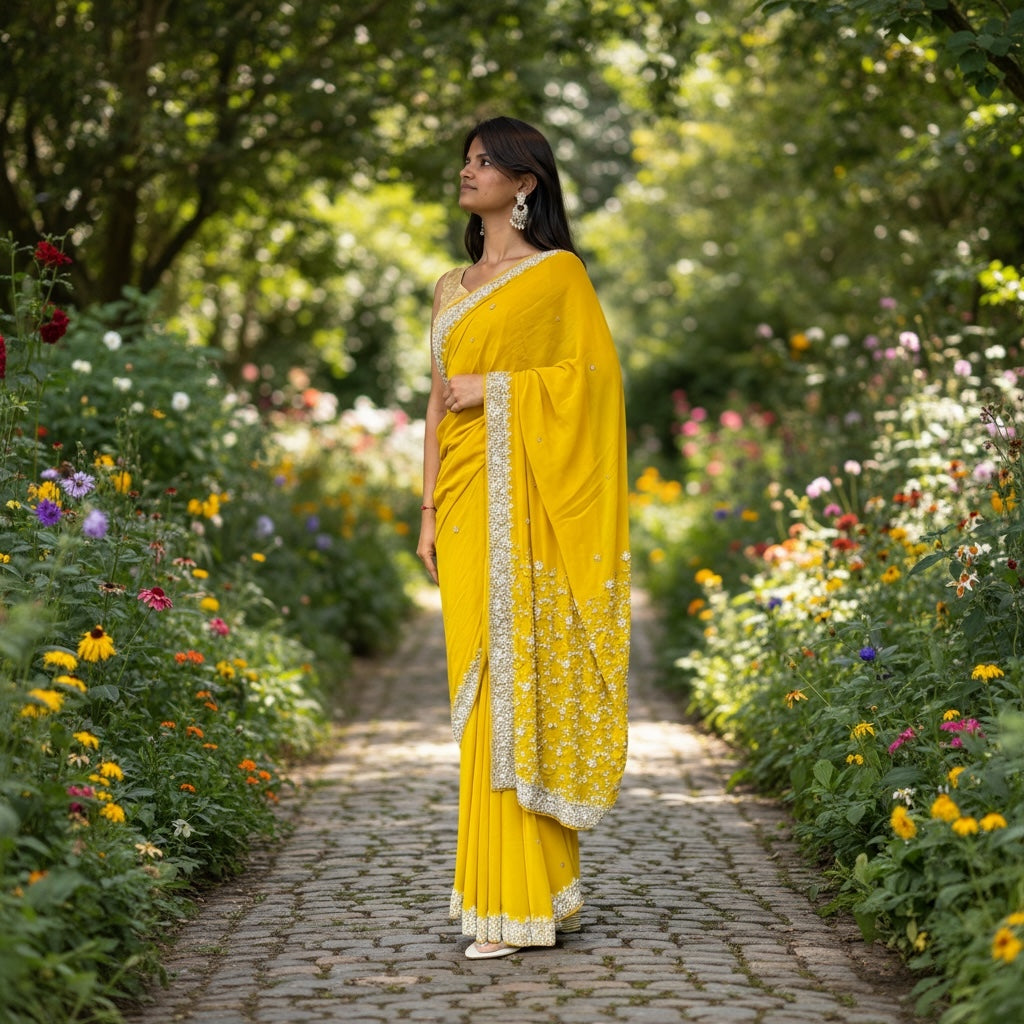 Yellow Georgette Heavy Work Saree 1005