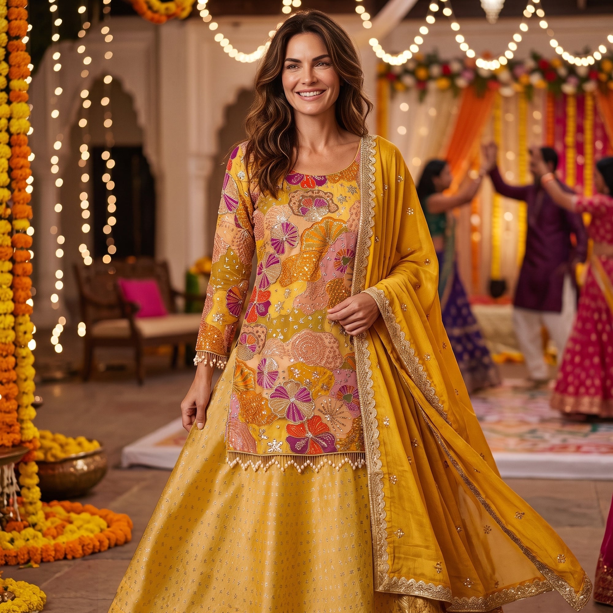 DT Long Top Yellow Floral Lehenga