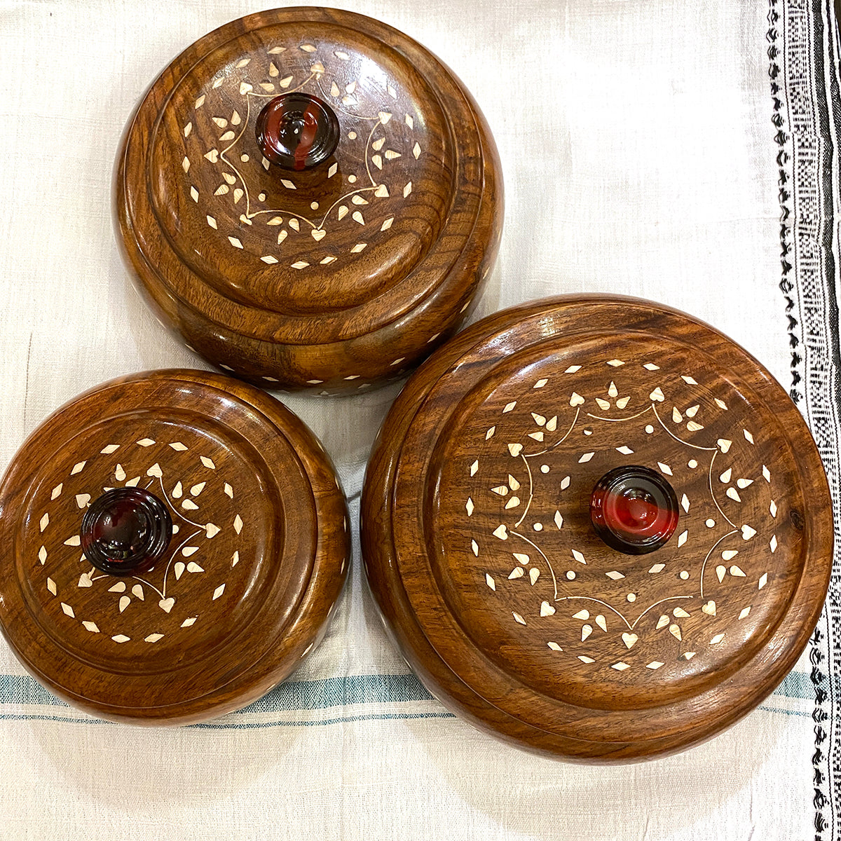 4 Partition Round wood Box-3 Sizes - Vintage India NYC