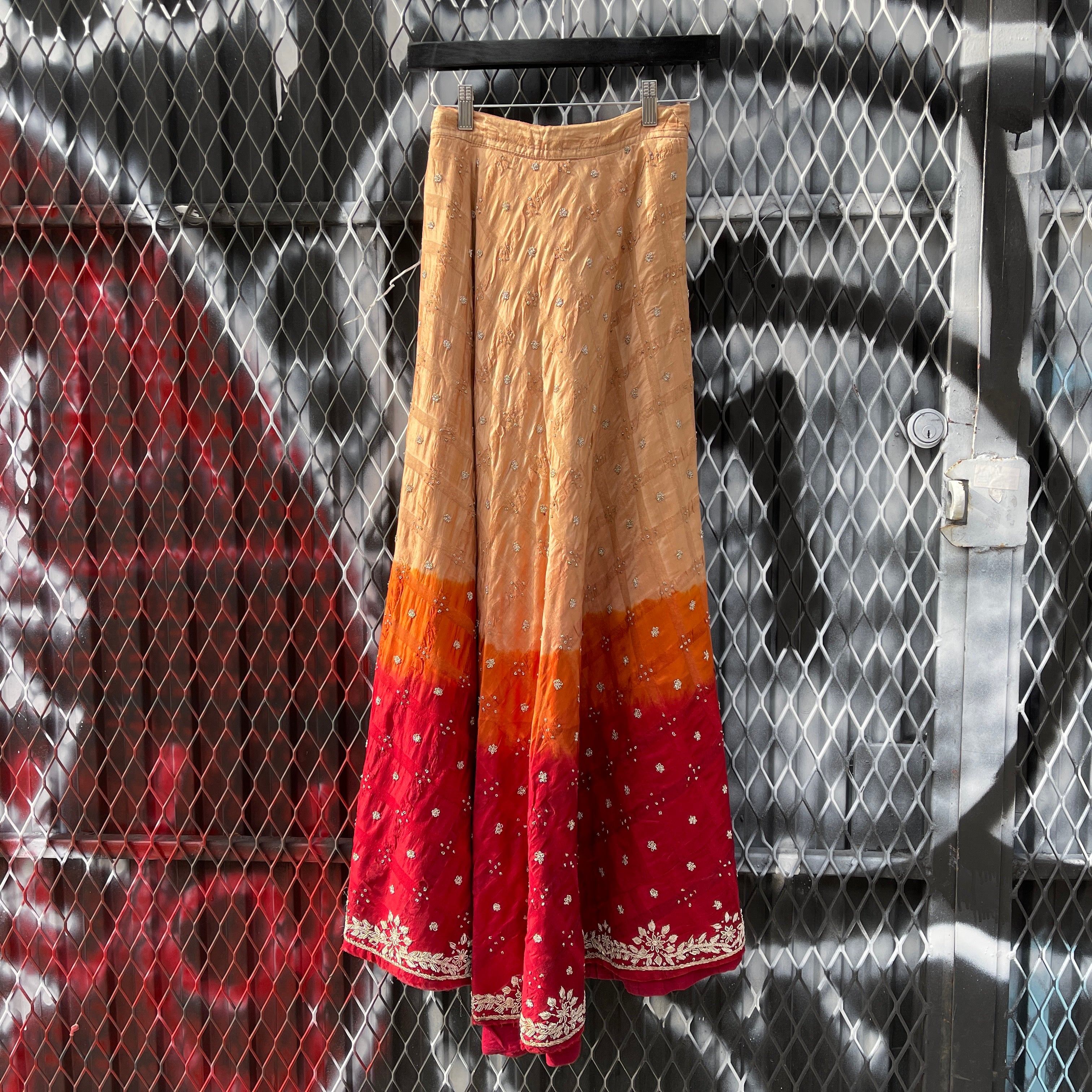 Vintage Tan Orange Red Ombre Embroidered Lehenga skirt - Vintage India NYC