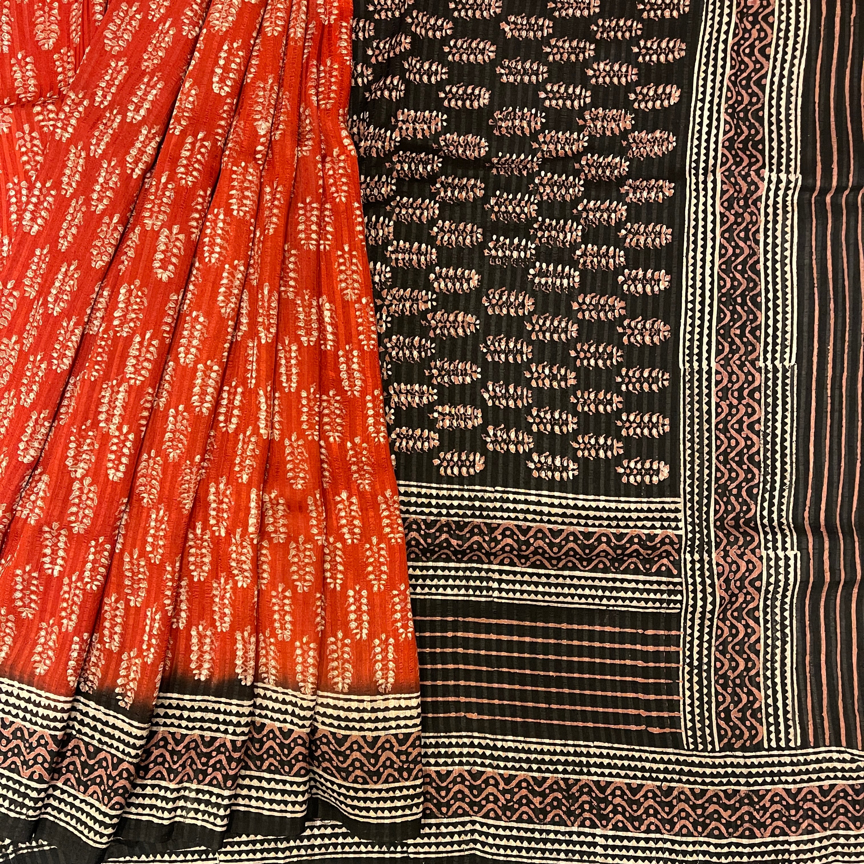 Orange BlockPrint Cotton  Saree - Vintage India NYC