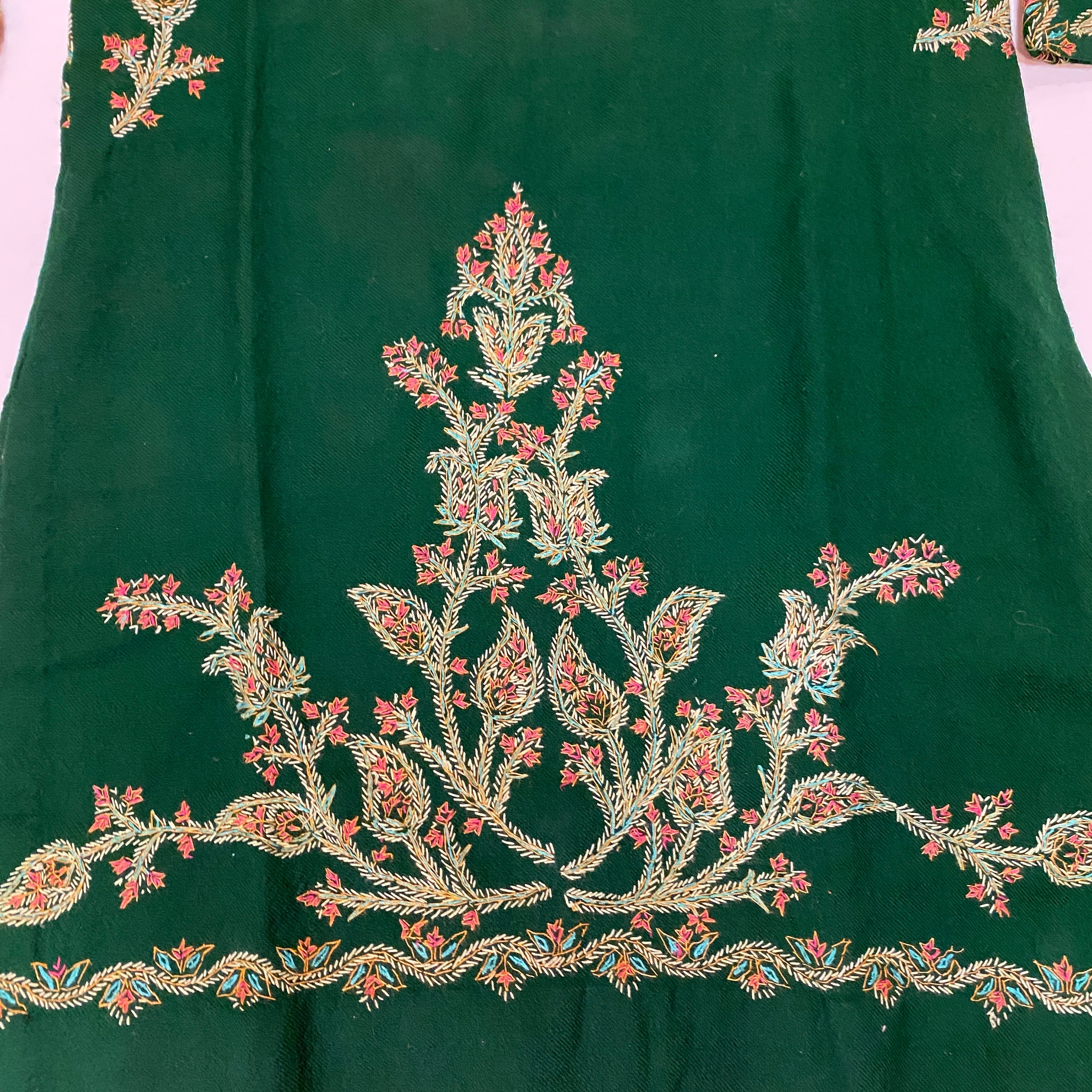 Hand Embroidered Woolen Green Kurti - Size 33 - Vintage India NYC