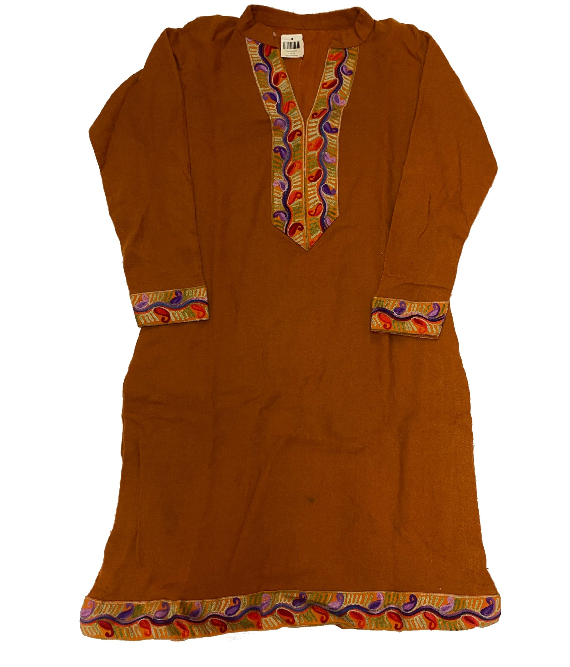 Handmade Woolen Orange Kurti - Size 36 - Vintage India NYC