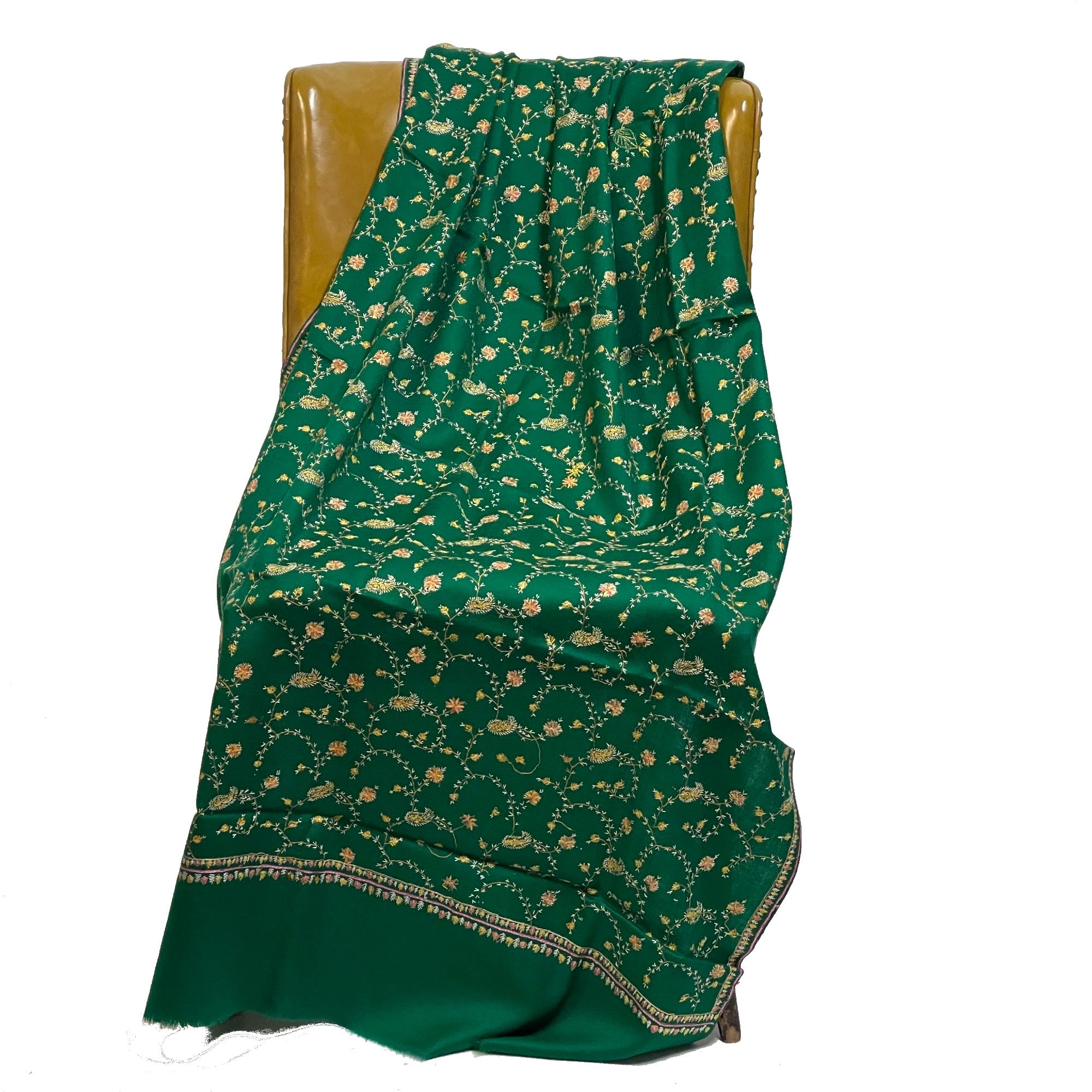 Green Embroidered Kashmiri Woolen Shawl - Vintage India NYC