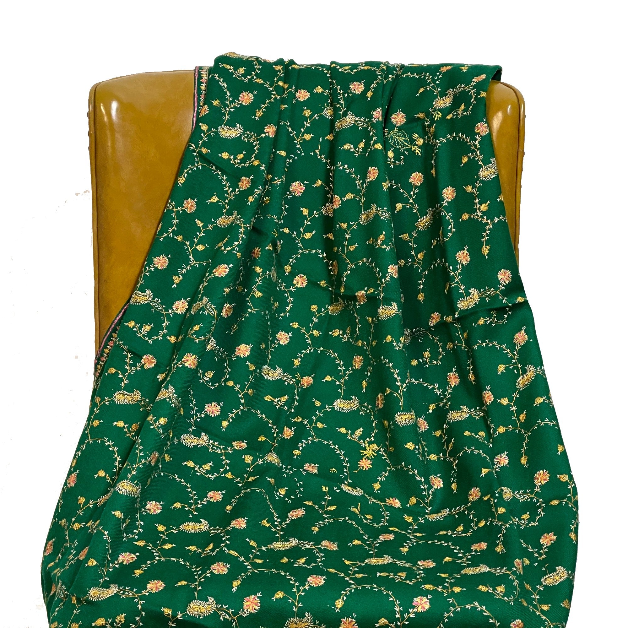 Green Embroidered Kashmiri Woolen Shawl - Vintage India NYC