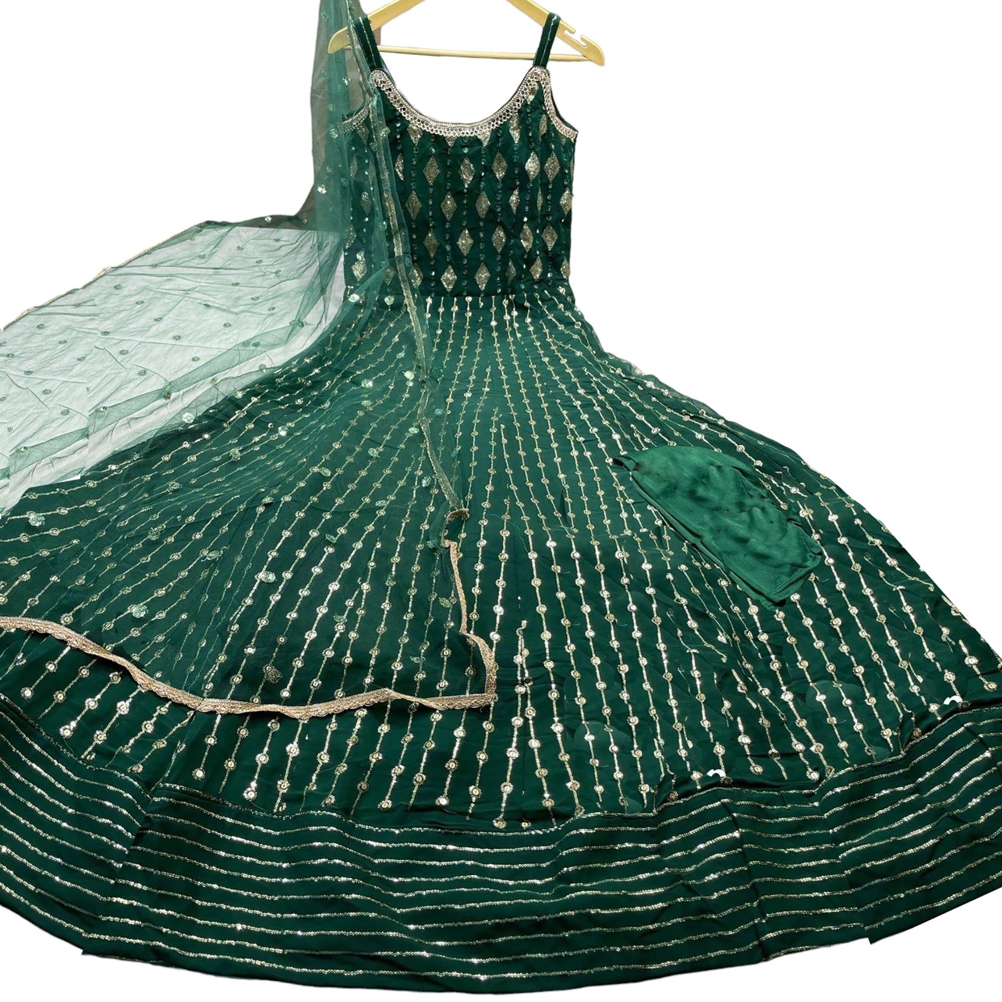 SH Dark Green Embroidered Gown - Vintage India NYC