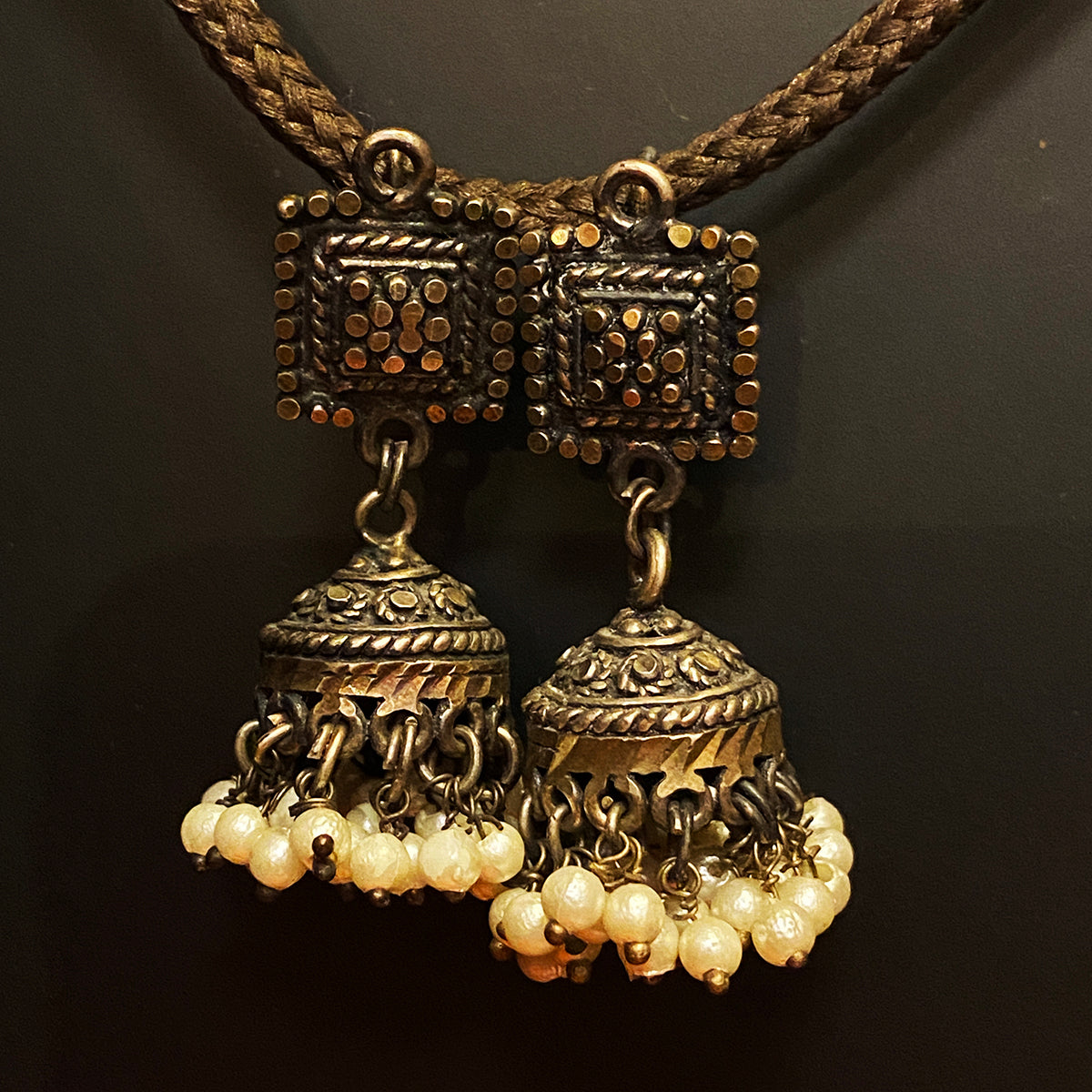 Oxidized Silver Jhumka Indian Earrings with pearls - Vintage India NYC