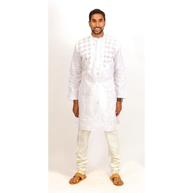 Embroidered White Cotton Kurta - Vintage India NYC
