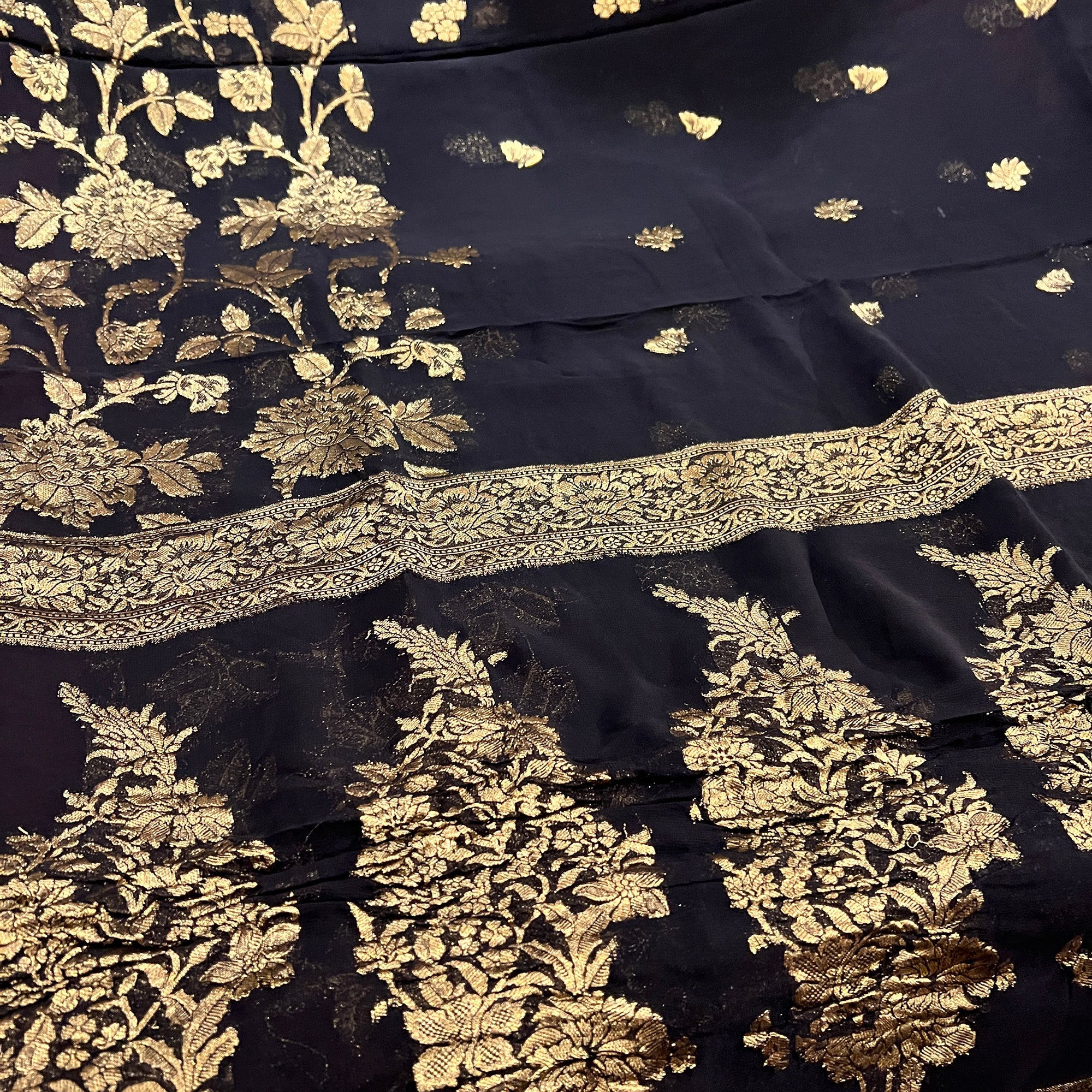 Black & Gold Silk Georgette Saree - Vintage India NYC