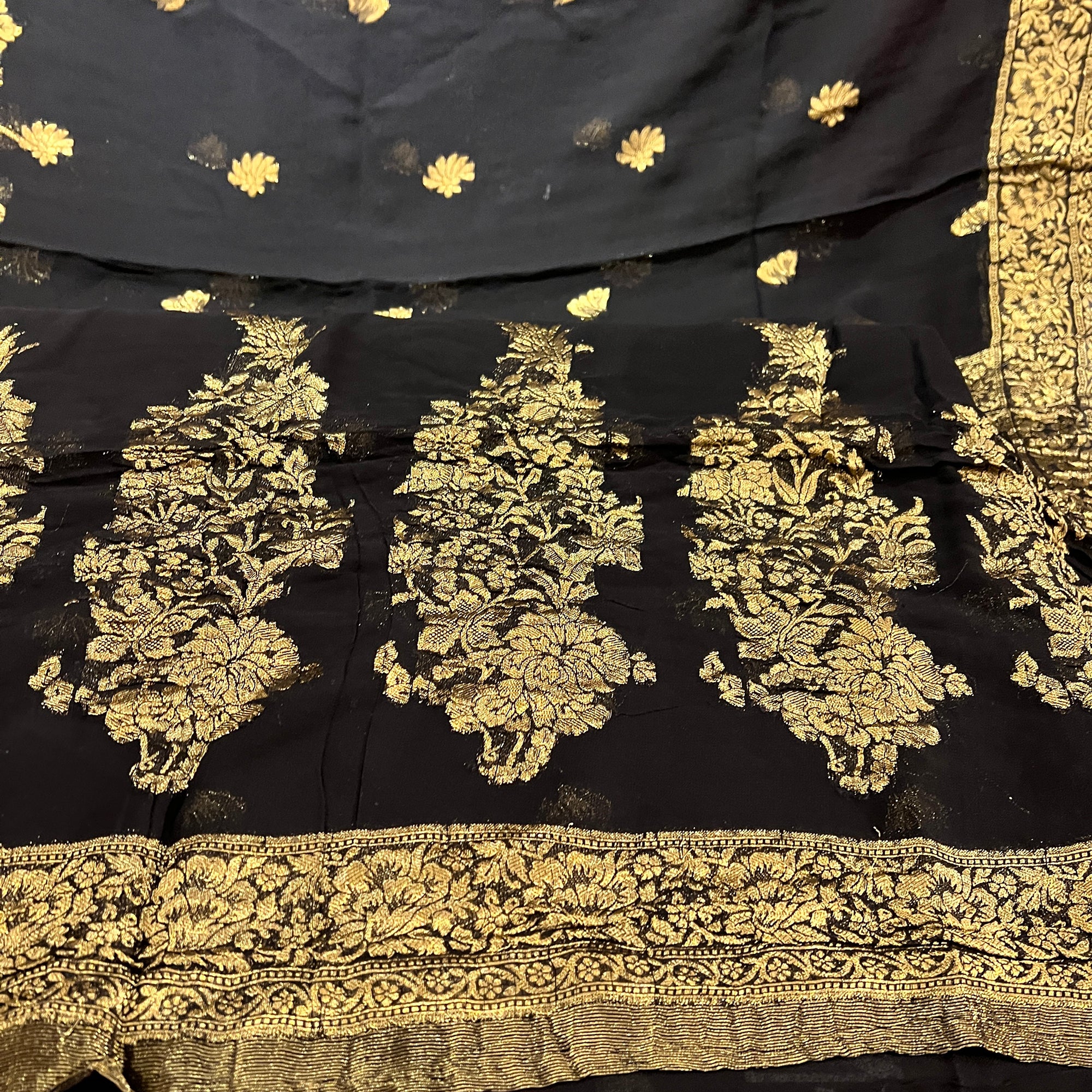 Black & Gold Silk Georgette Saree - Vintage India NYC