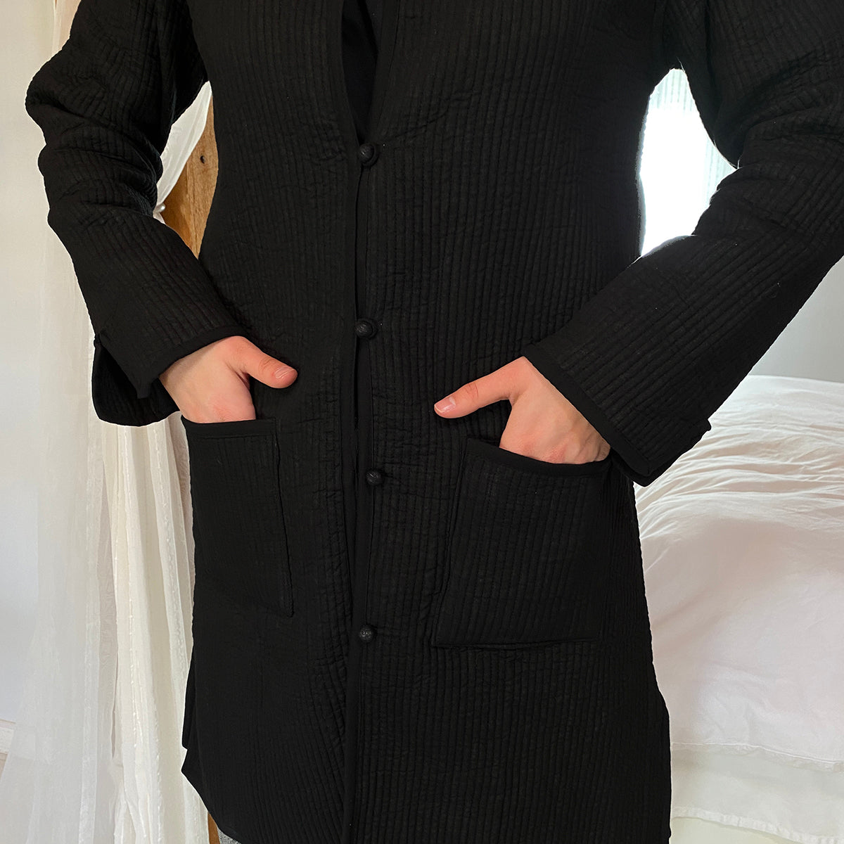 Unisex Organic Black Cotton Quilted long coat - Vintage India NYC