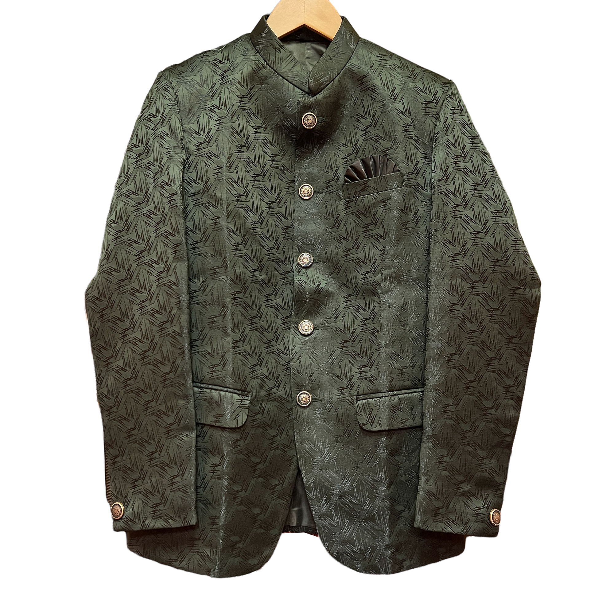 YD Bottle Green Jacquard Jodhpuri Jacket-Size 36 - Vintage India NYC