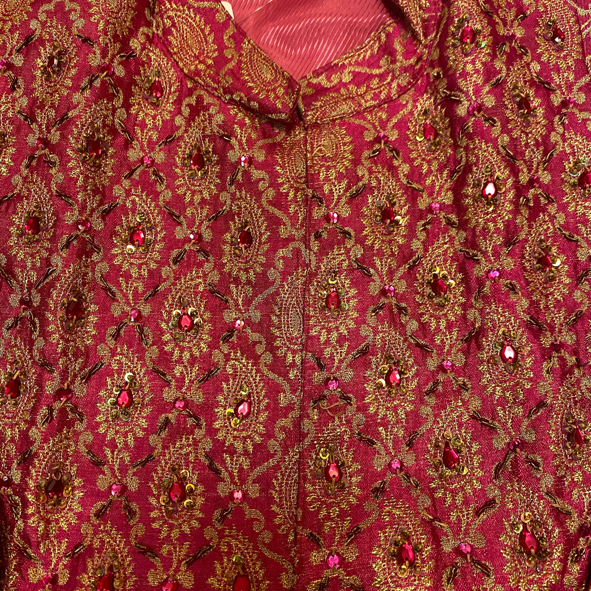 Boys Dark Pink & Gold Silk Brocade Sherwani-Age 3-4 - Vintage India NYC