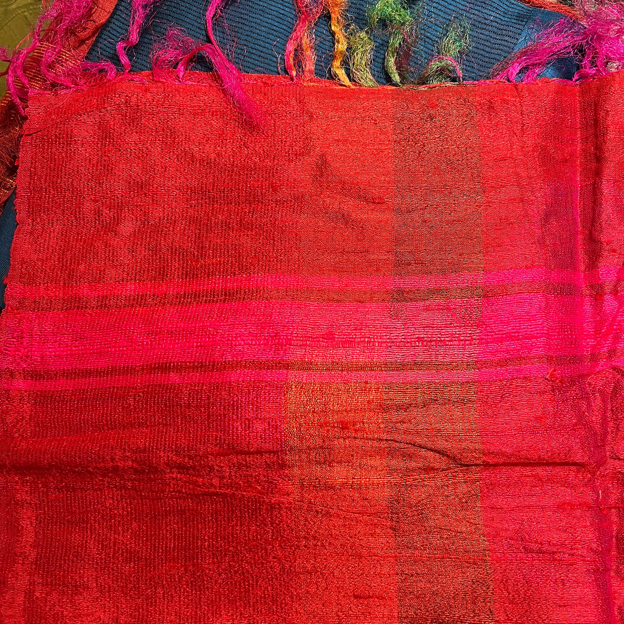 Bright Pink & Orange Woven Raw Silk Scarf - Vintage India NYC
