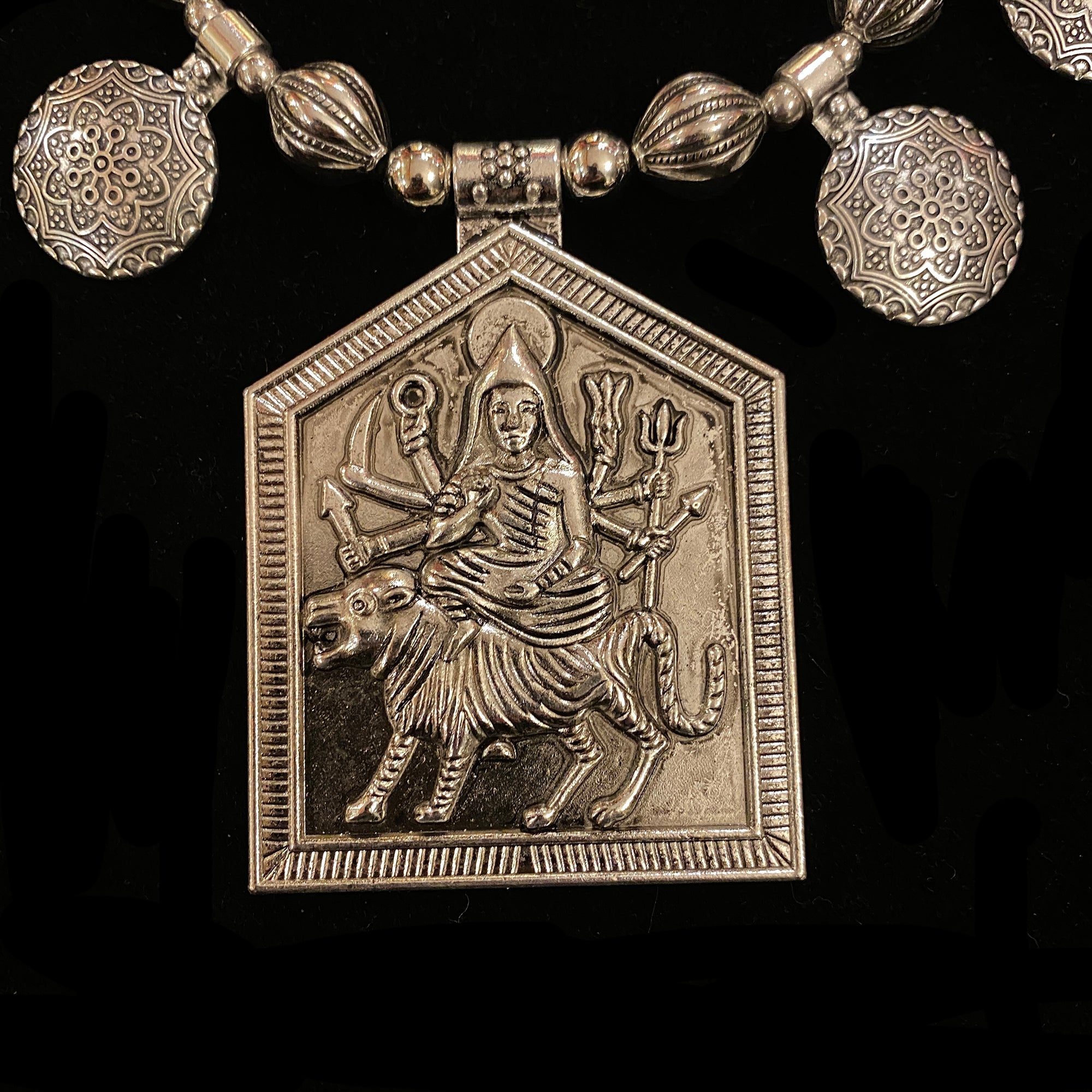 IF Silver Metal Durga Necklace 207 - Vintage India NYC