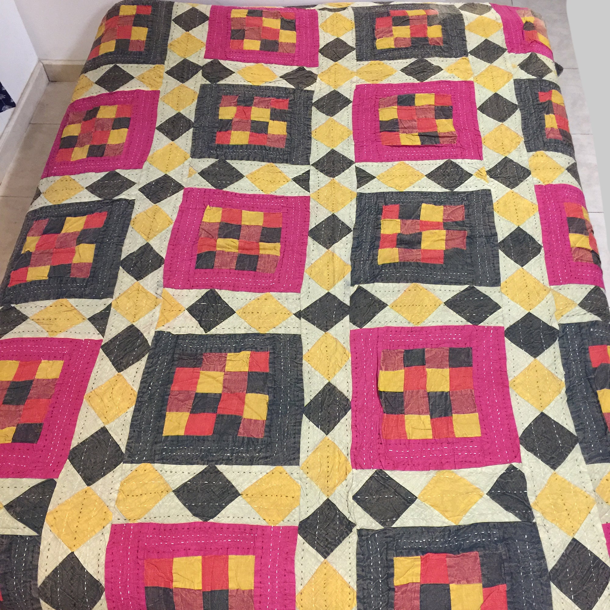 Checkered Patchwork Kantha Quilt-6 colors - Vintage India NYC