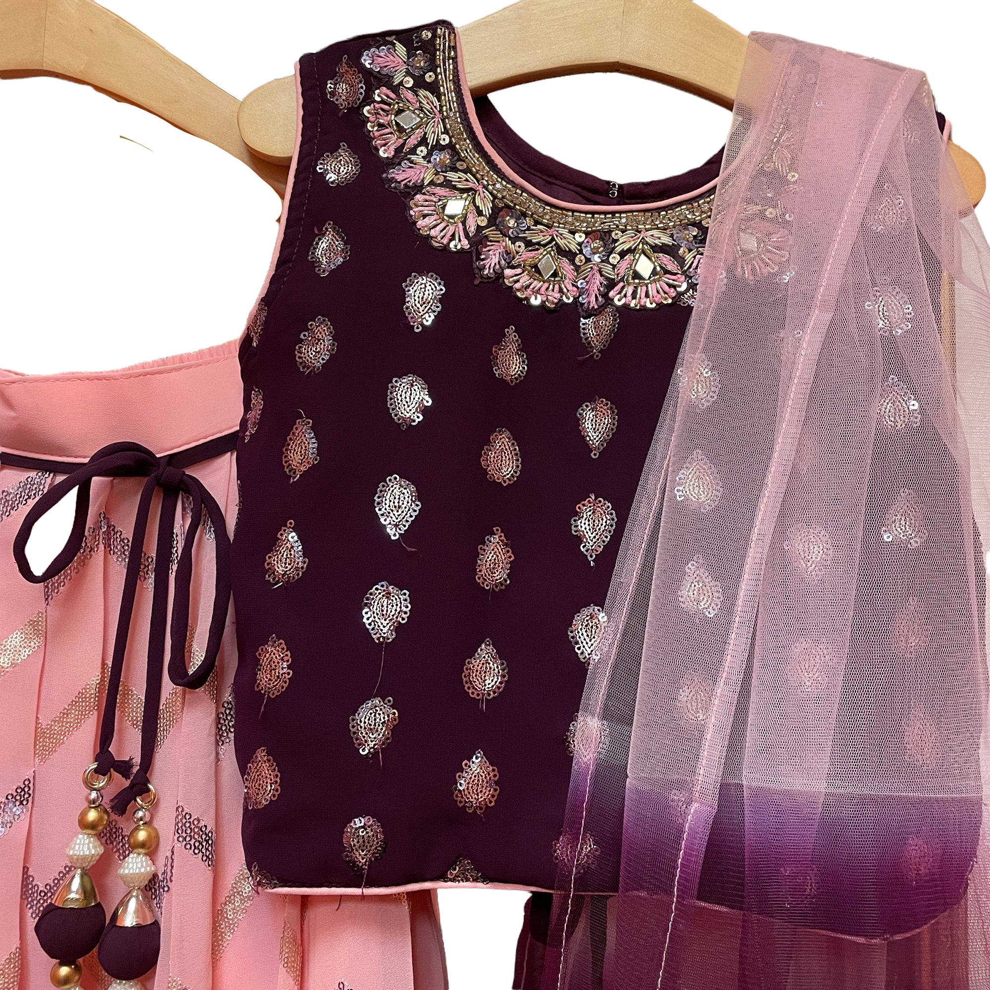Girls Pink Blush Sequin Lehenga Set - Vintage India NYC