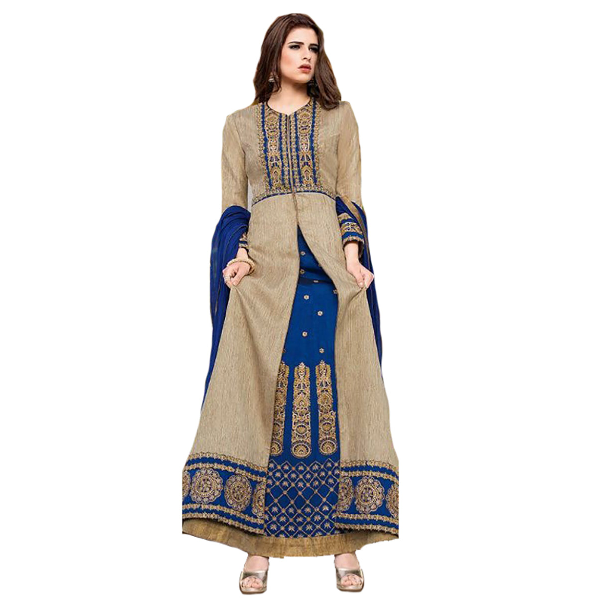PK Gold and Blue Anarkali Gown