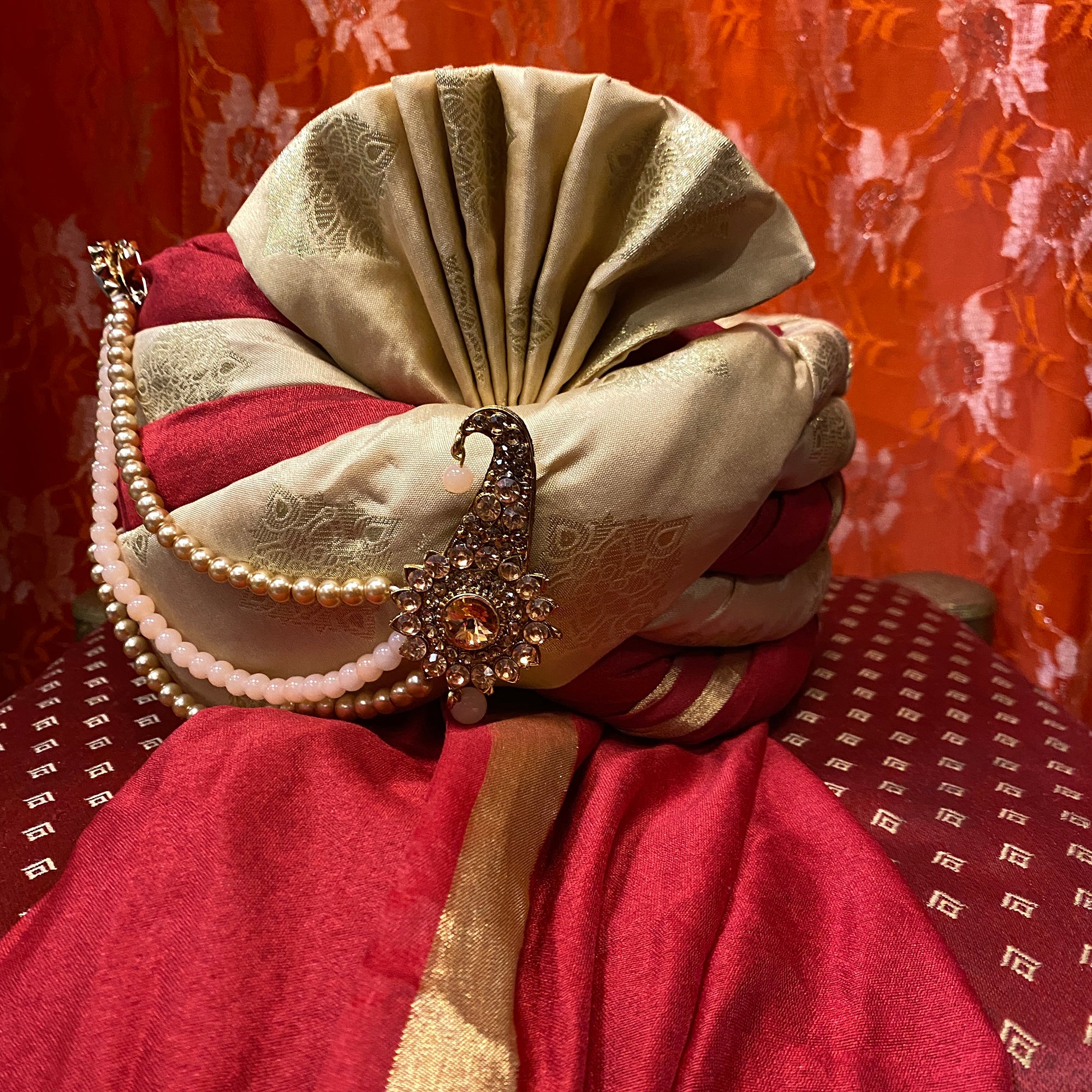 YD Red and Gold Brocade Pagari Turban - Vintage India NYC