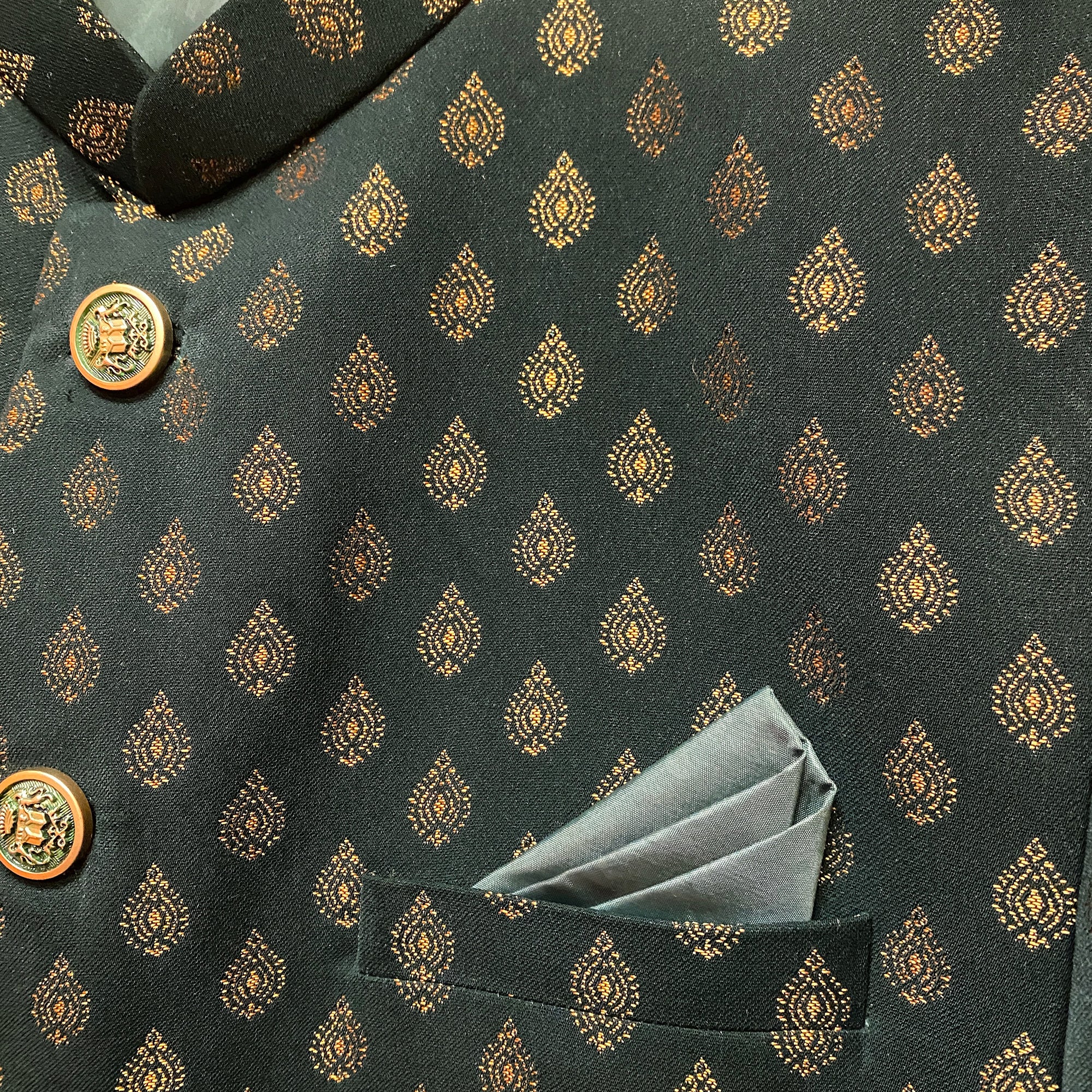 YD Hunter Green Brocade Jodhpuri Suit Jacket - Vintage India NYC