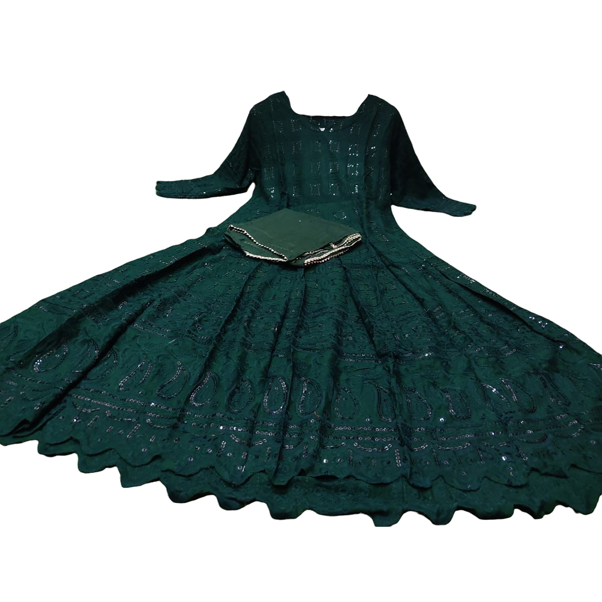 Dark Green Sequin Anarkali Gown Set - Vintage India NYC