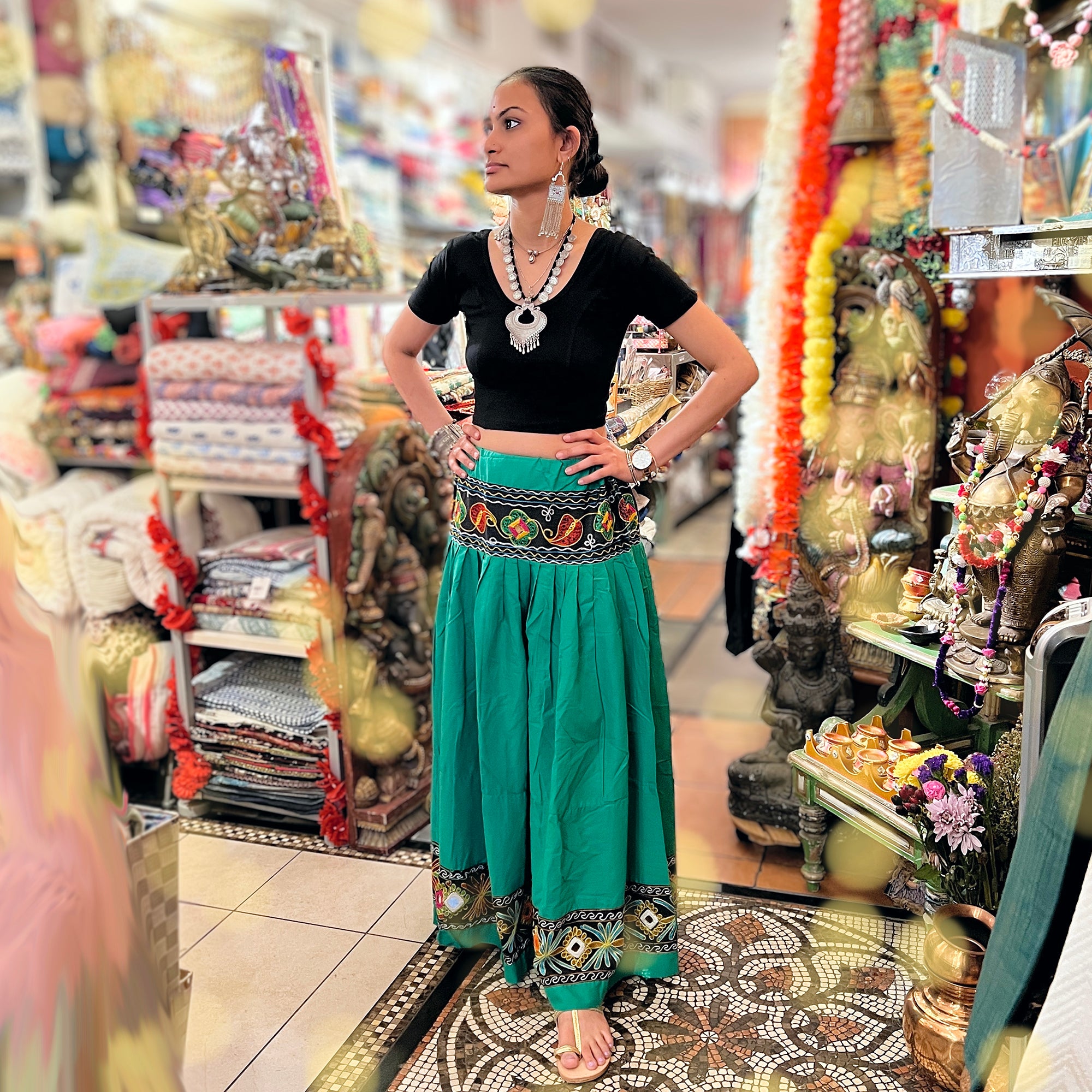 Vintage Banjara Skirt-Green Embroidered - Vintage India NYC