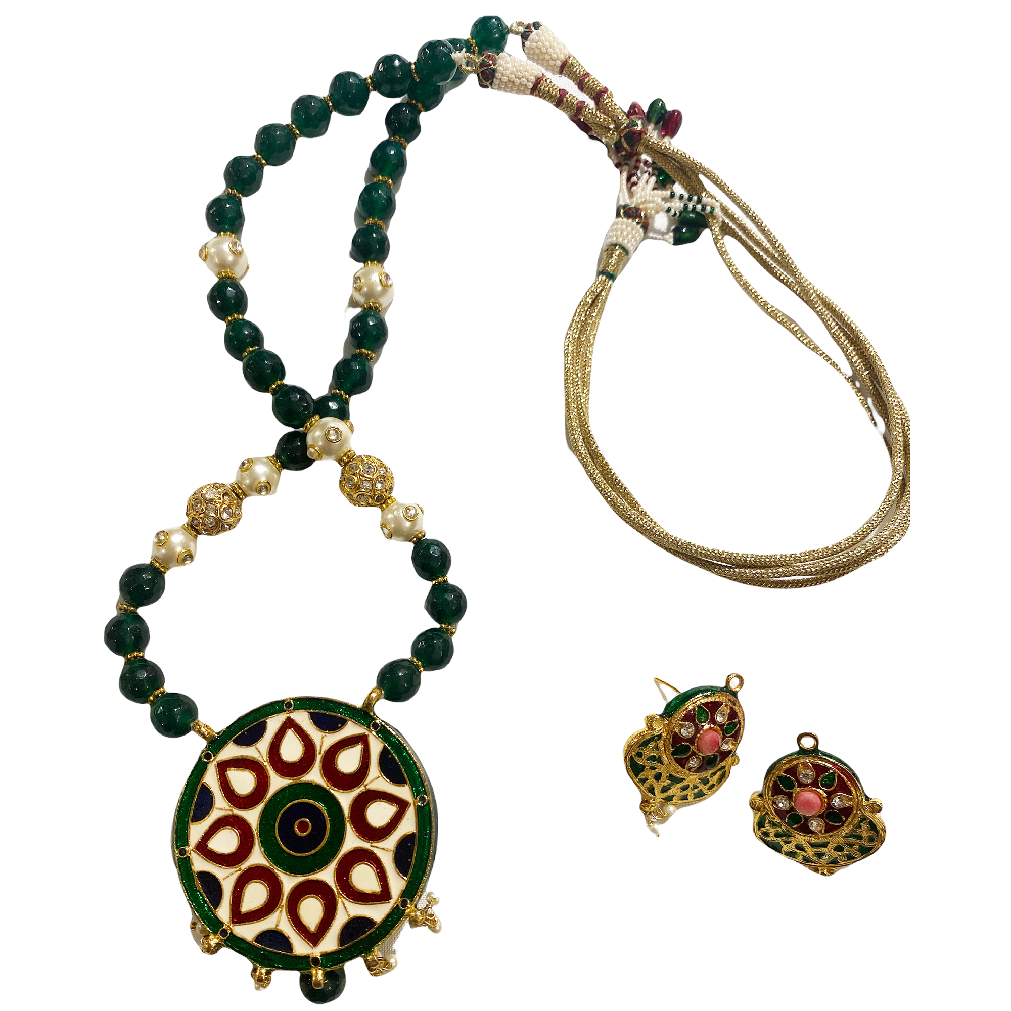 Green Meenakari/StoneWork Necklace & Earring Set - Vintage India NYC