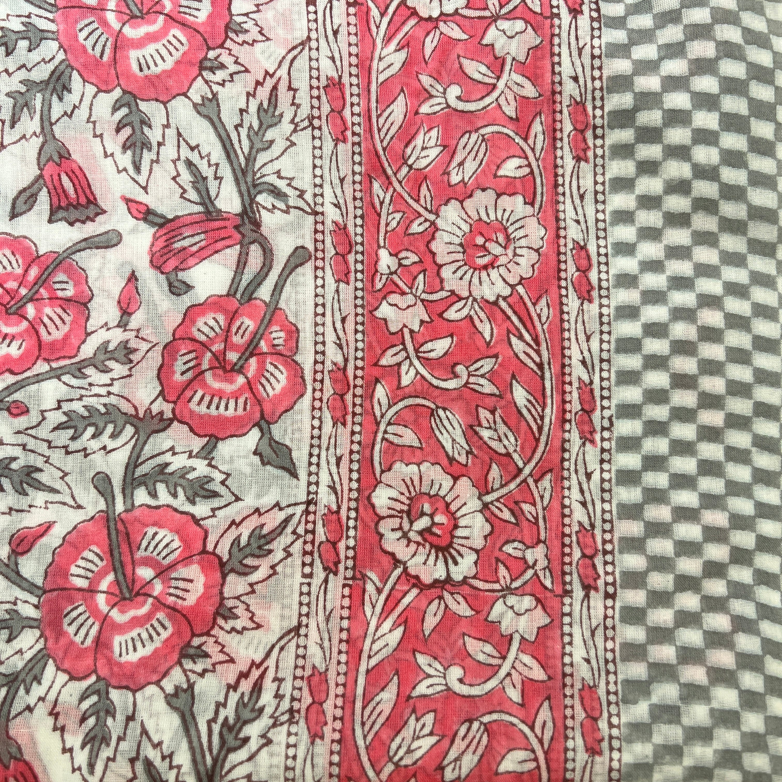 Hand Blockprint Sarong/Scarf- Grey Pink - Vintage India NYC