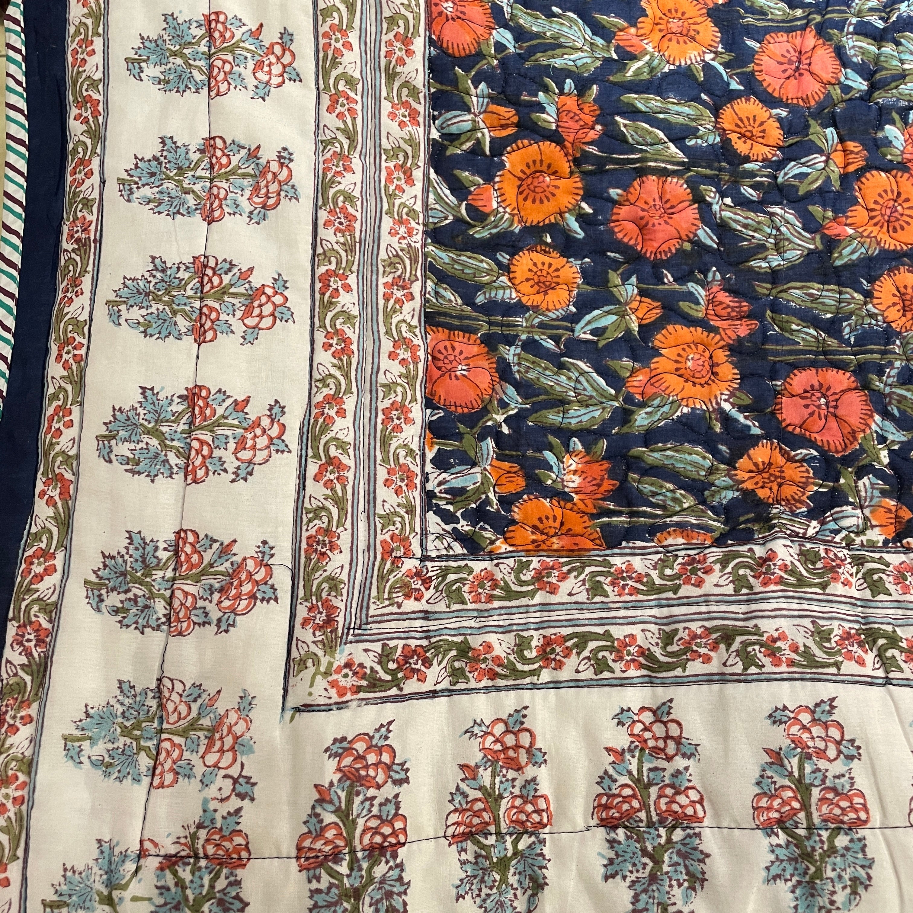 Navy & Orange floral Queen Quilt - Vintage India NYC