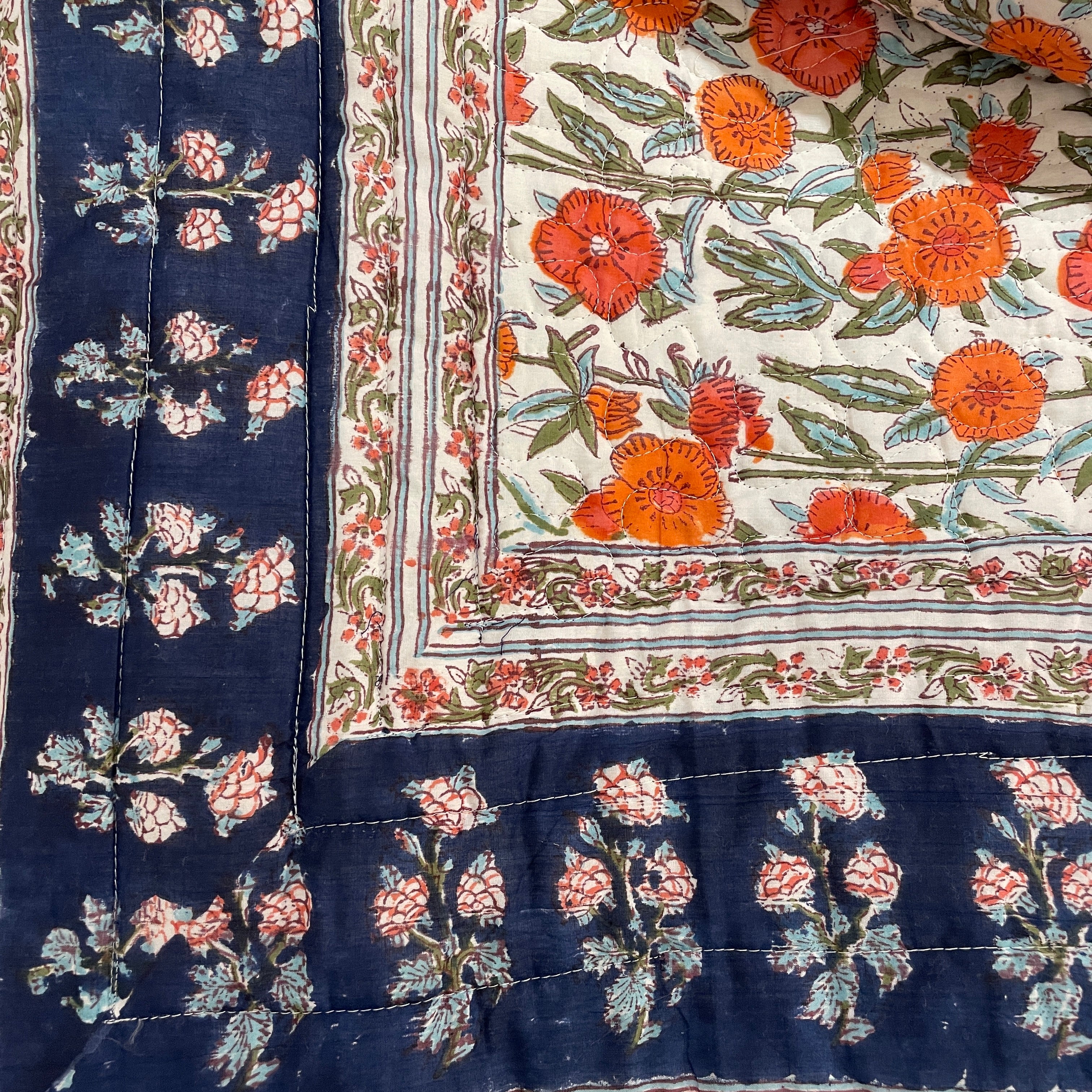 Navy & Orange floral Queen Quilt - Vintage India NYC