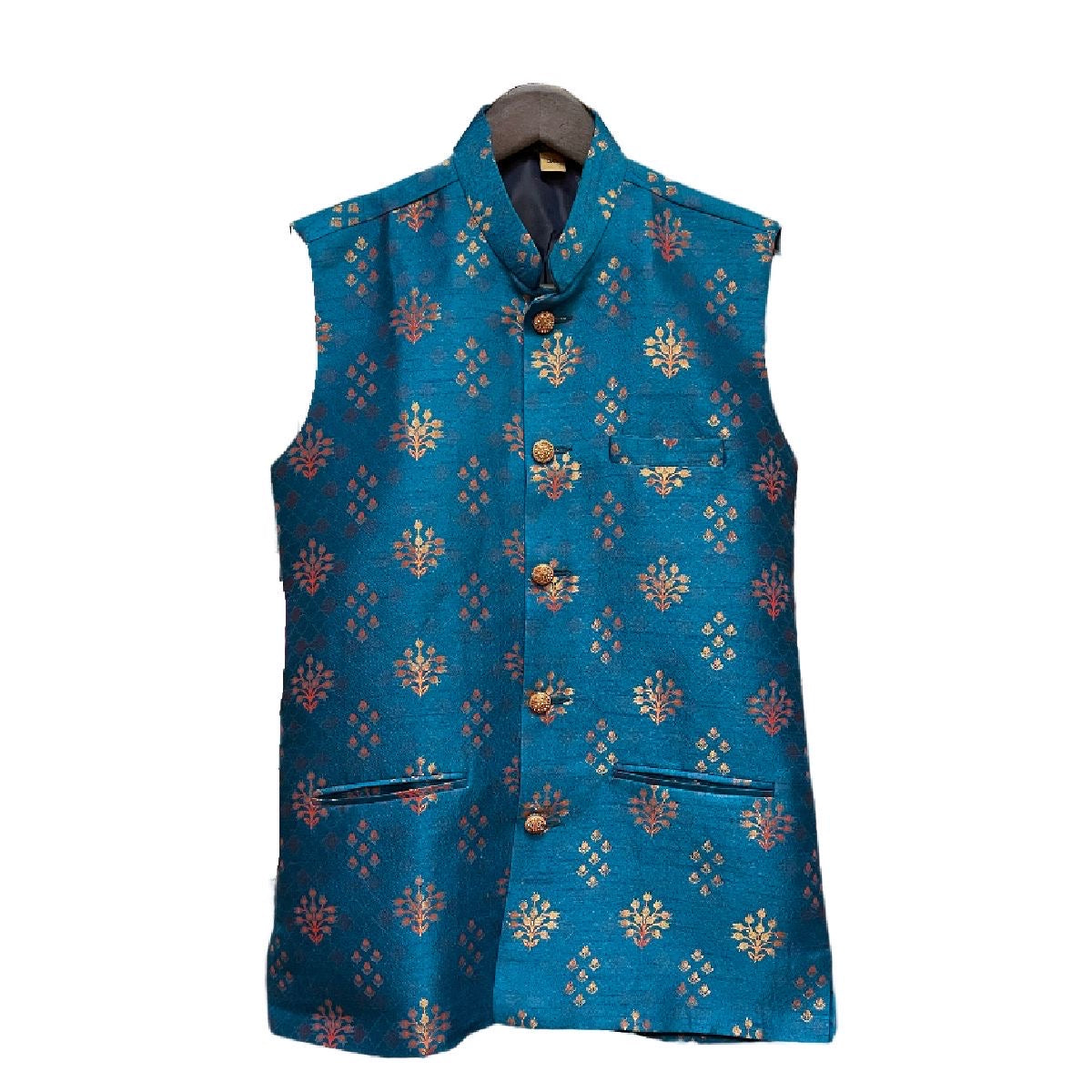 YD Peacock Blue Brocade Vest with Gold Buti - Vintage India NYC