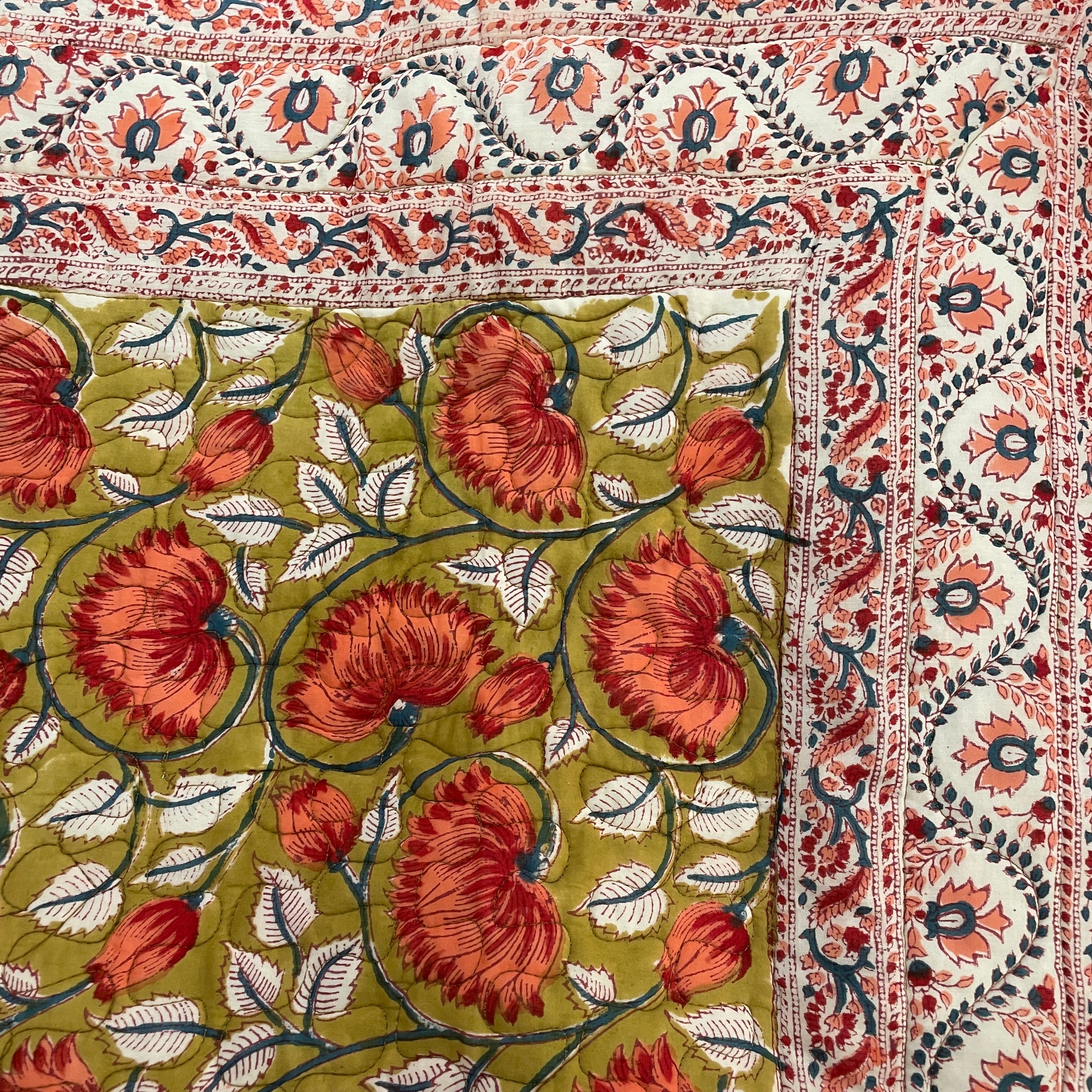 Olive & Red floral Queen Quilt - Vintage India NYC