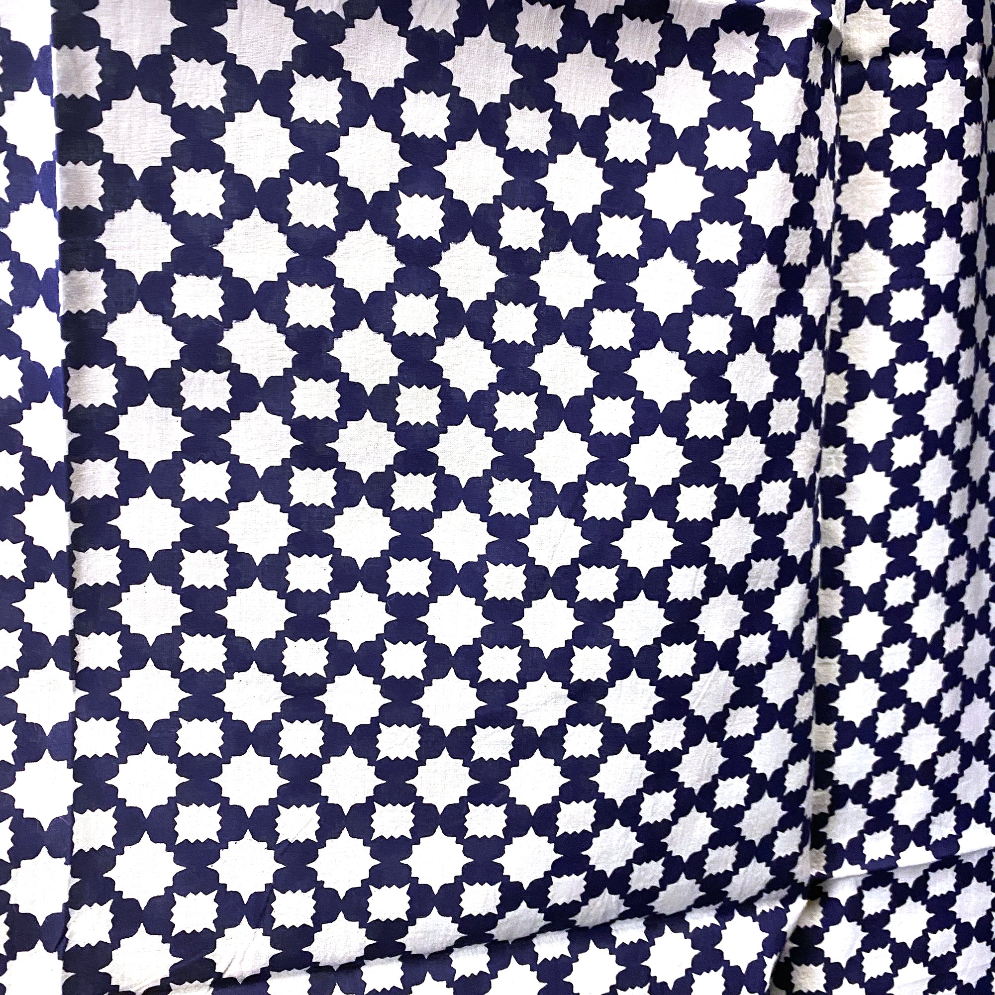 Navy & White Cotton Curtain Pair-5 Patterns - Vintage India NYC