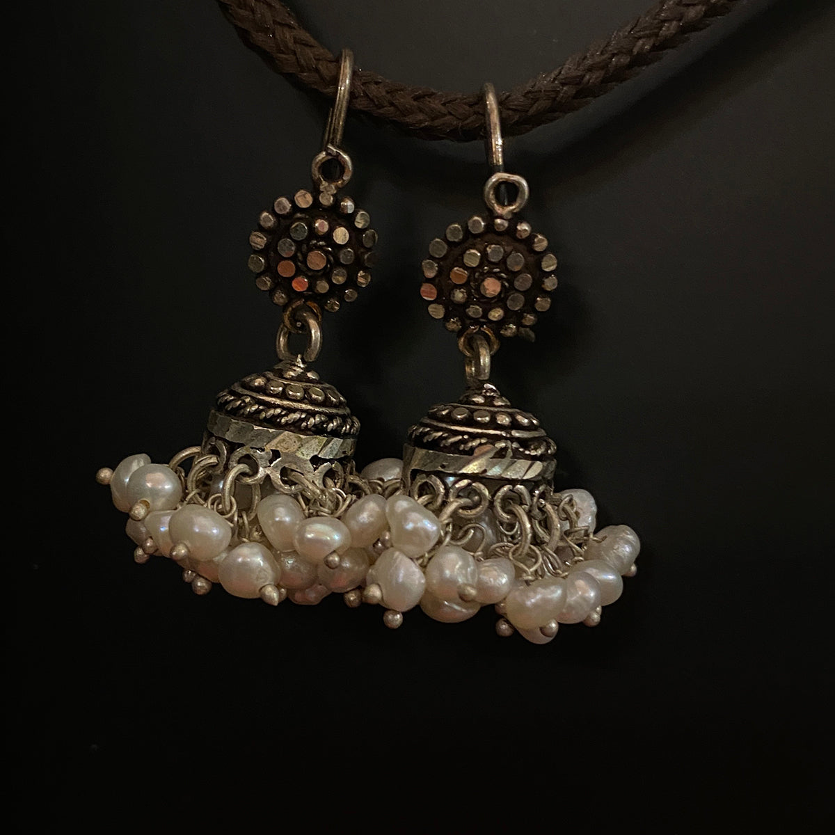 Silver Indian Jhumka Earrings with pearls - Vintage India NYC