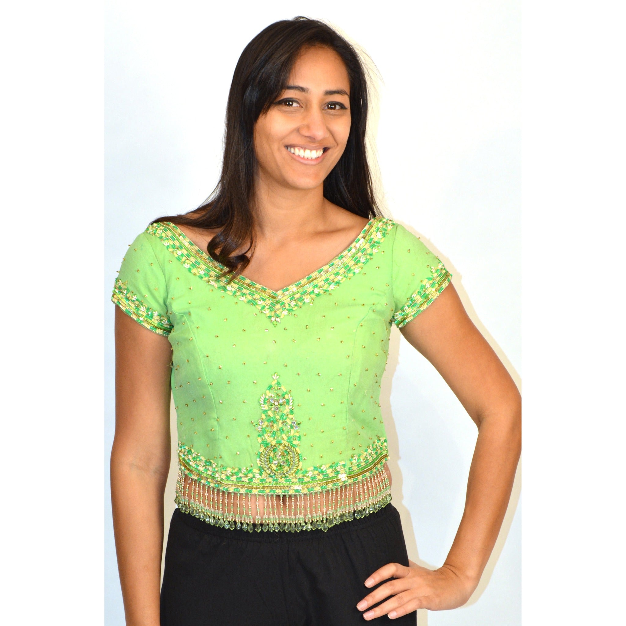 Lime silk crop top with beading and sequins - Vintage India NYC