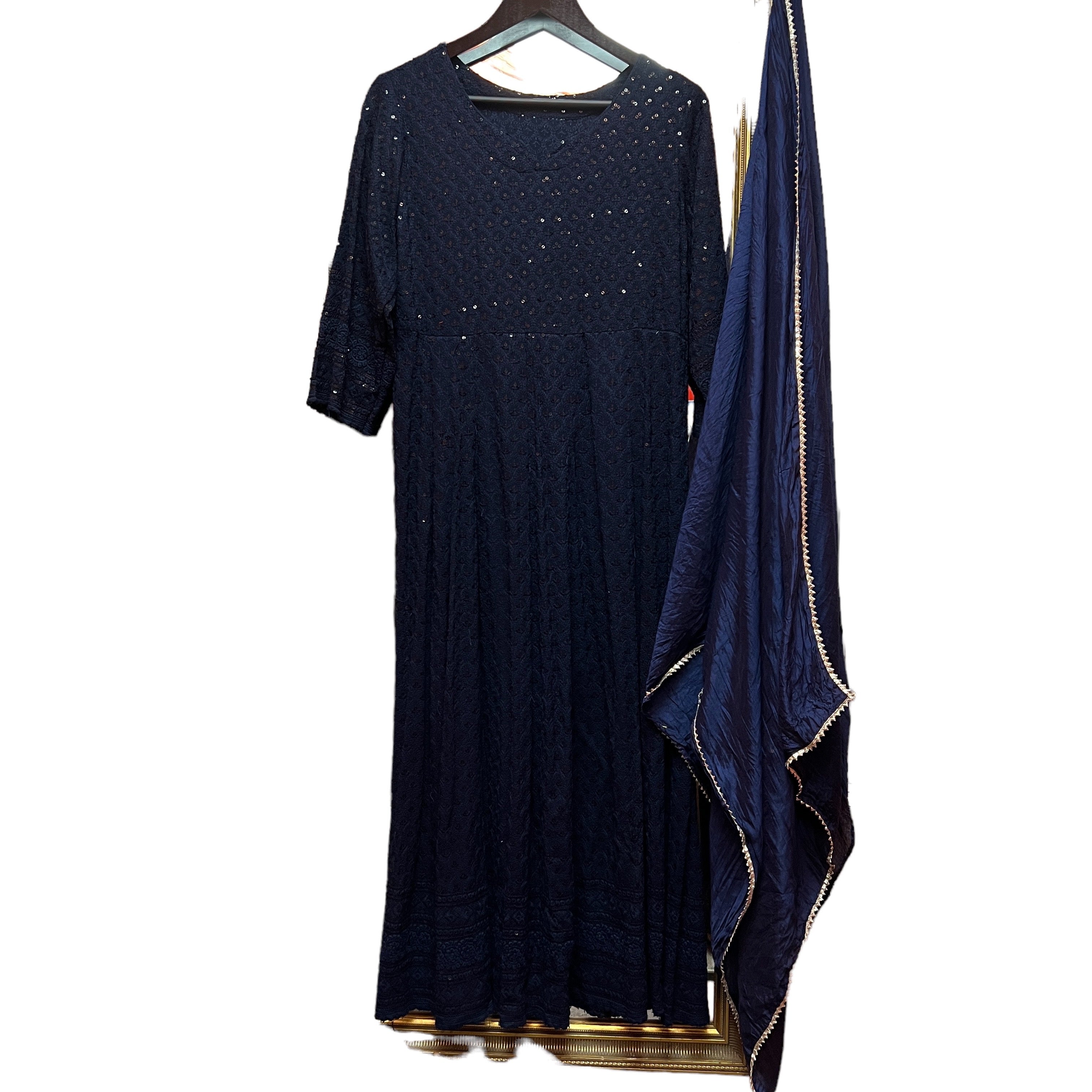 Navy Sequin Anarkali Gown Set - Vintage India NYC