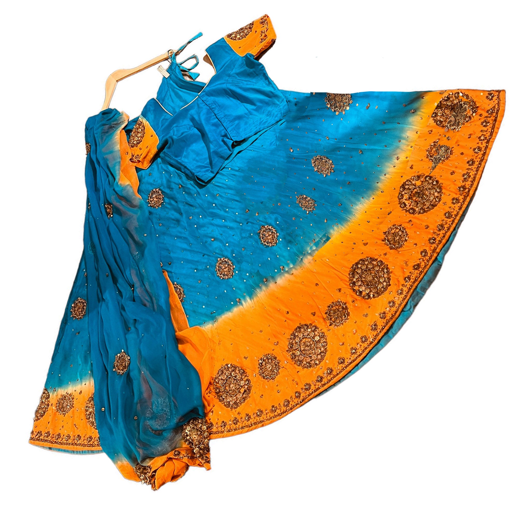 Vintage Orange & Ocean Blue Silk Lehenga set - Vintage India NYC