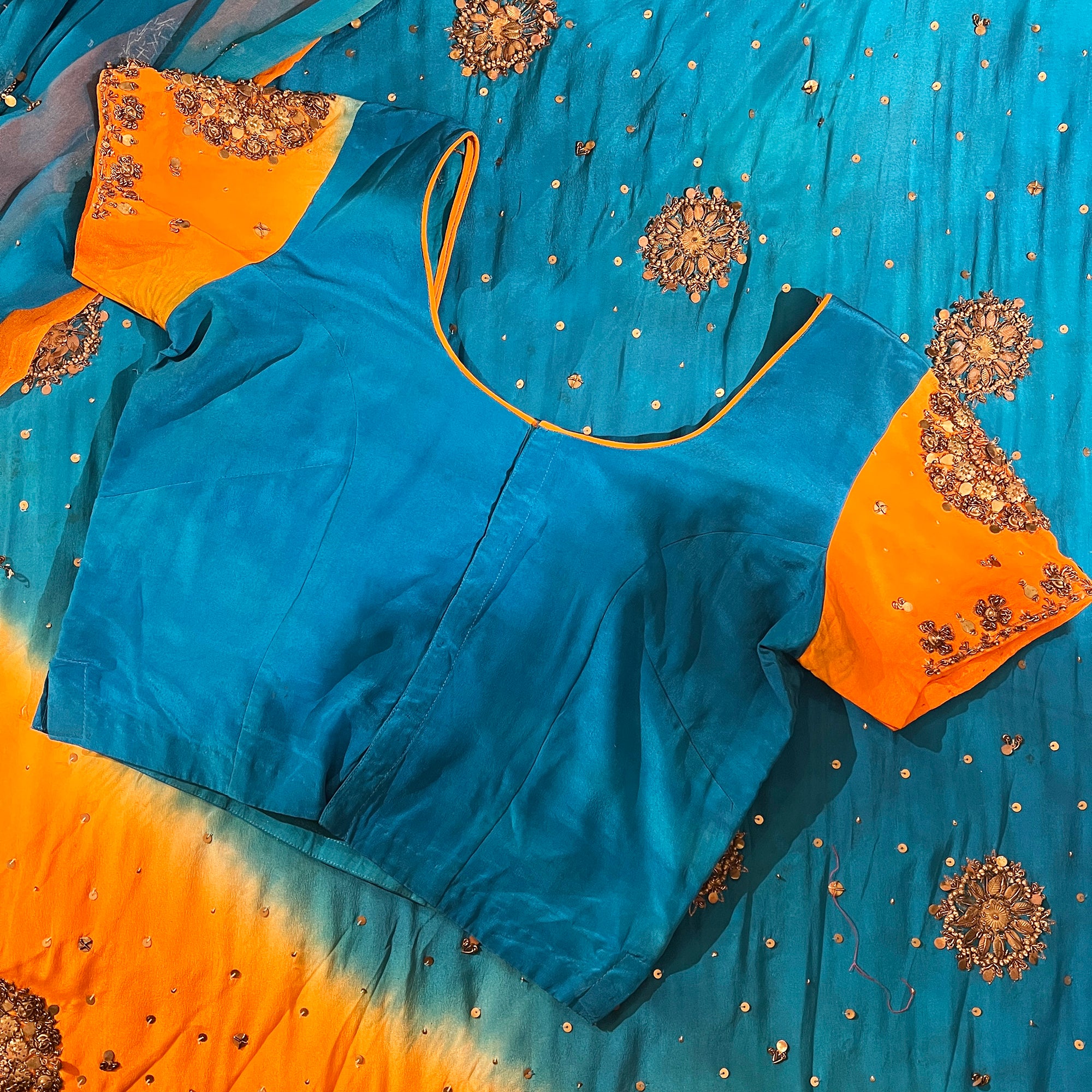 Vintage Orange & Ocean Blue Silk Lehenga set - Vintage India NYC